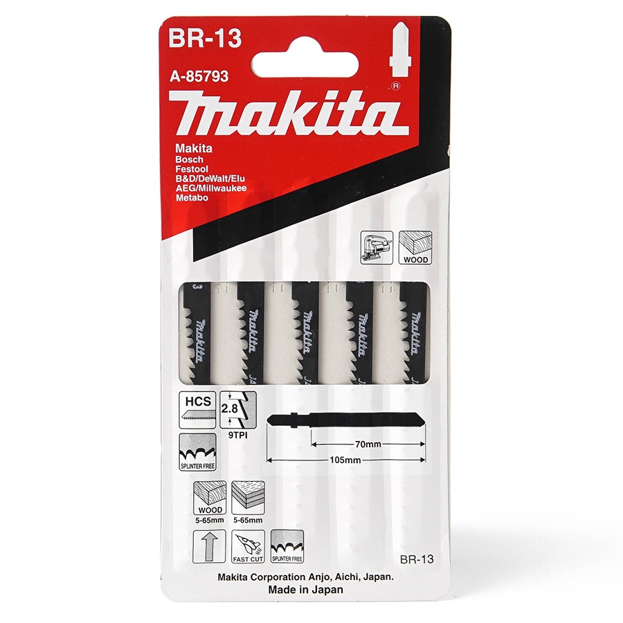 MAKITA A-85793 ใบเลื่อยจิ๊กซอว์ No.BR-13 (5ใบ/แผง) ตัดไม้ผิวตัดเรียบไม่ต้องขัดแต่ง