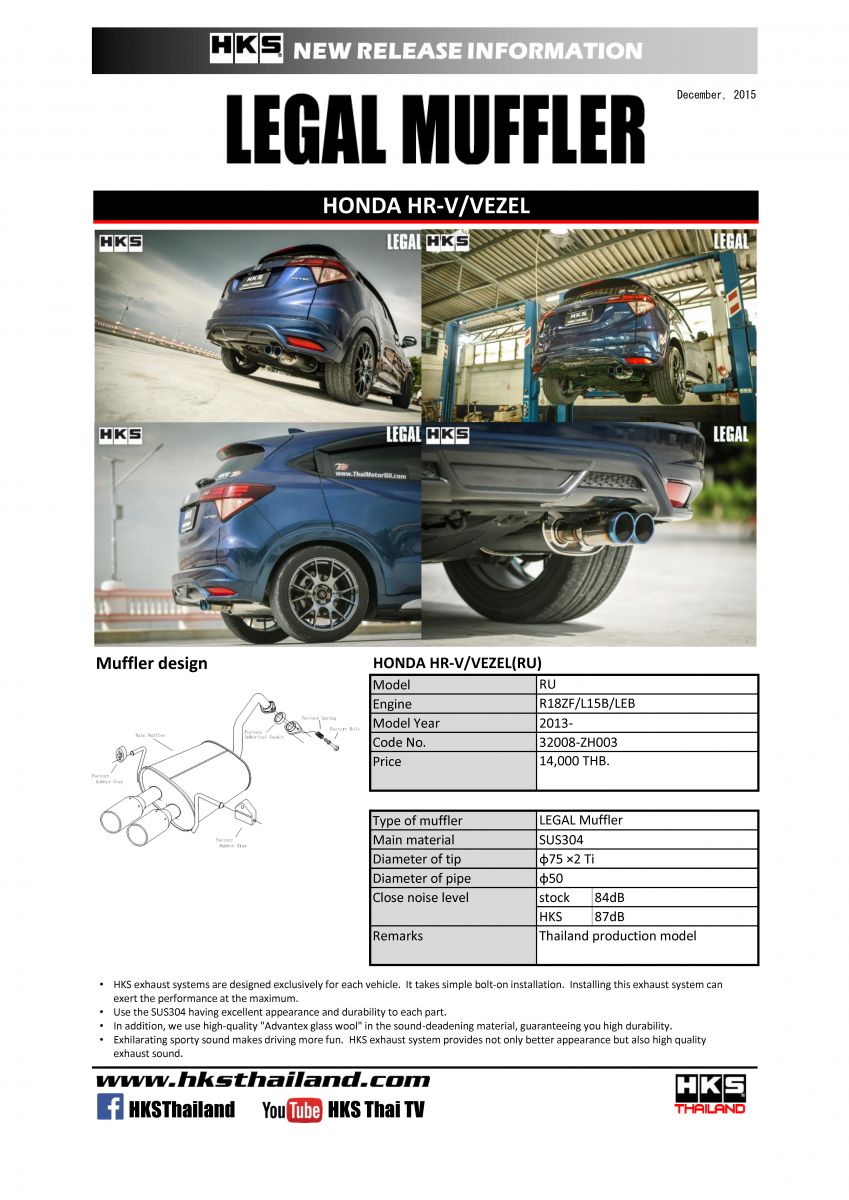 ท่อ HKS สำหรับรถรุ่นHONDA HR-V RU1 2015-2021