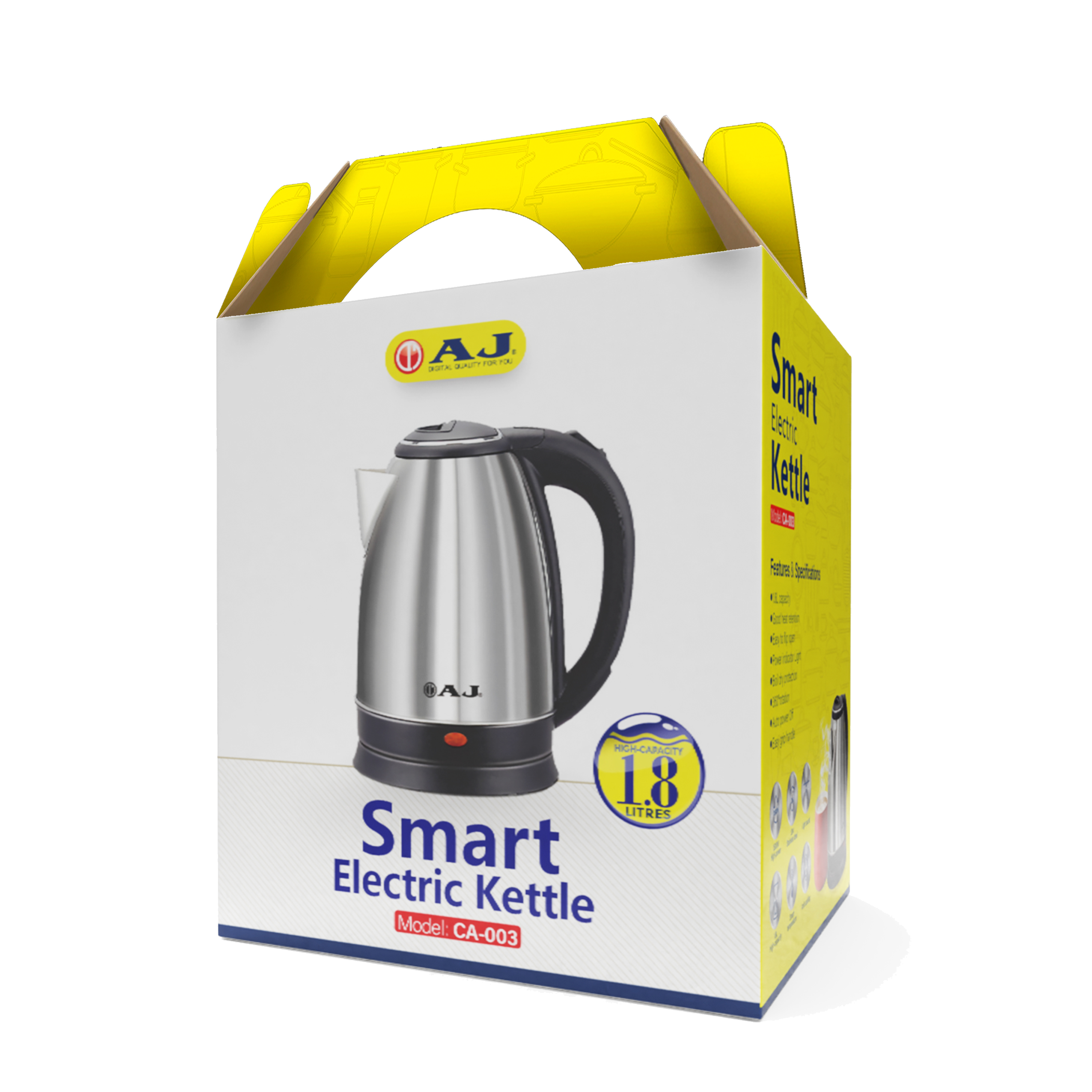 AJ กาต้มน้ำไฟฟ้าสเเตนเลส รุ่น CA-003 ความจุ 1.8 ลิตร เดือดเร็ว ใช้งานง่าย ไม่เป็นสนิม รับประกัน 1 ปี