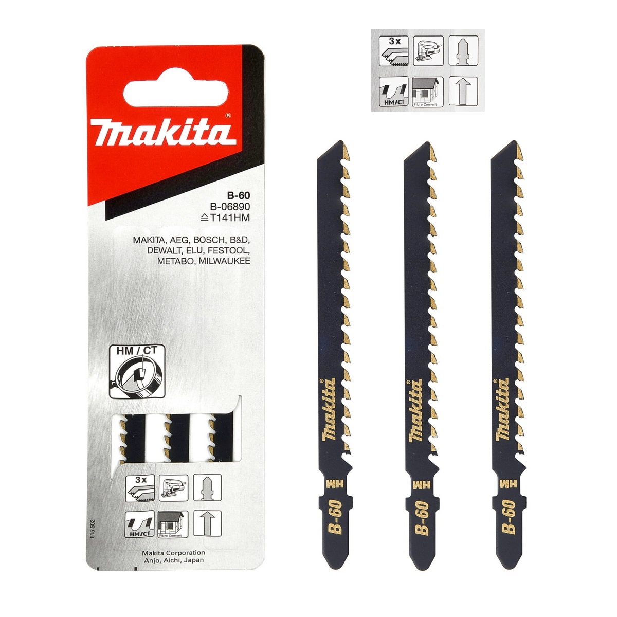 MAKITA B-06890 ใบเลื่อยจิ๊กซอว์ No.B-60 (3ใบ/แผง) T141HM ไฟเบอร์ซีเมน / พลาสติก