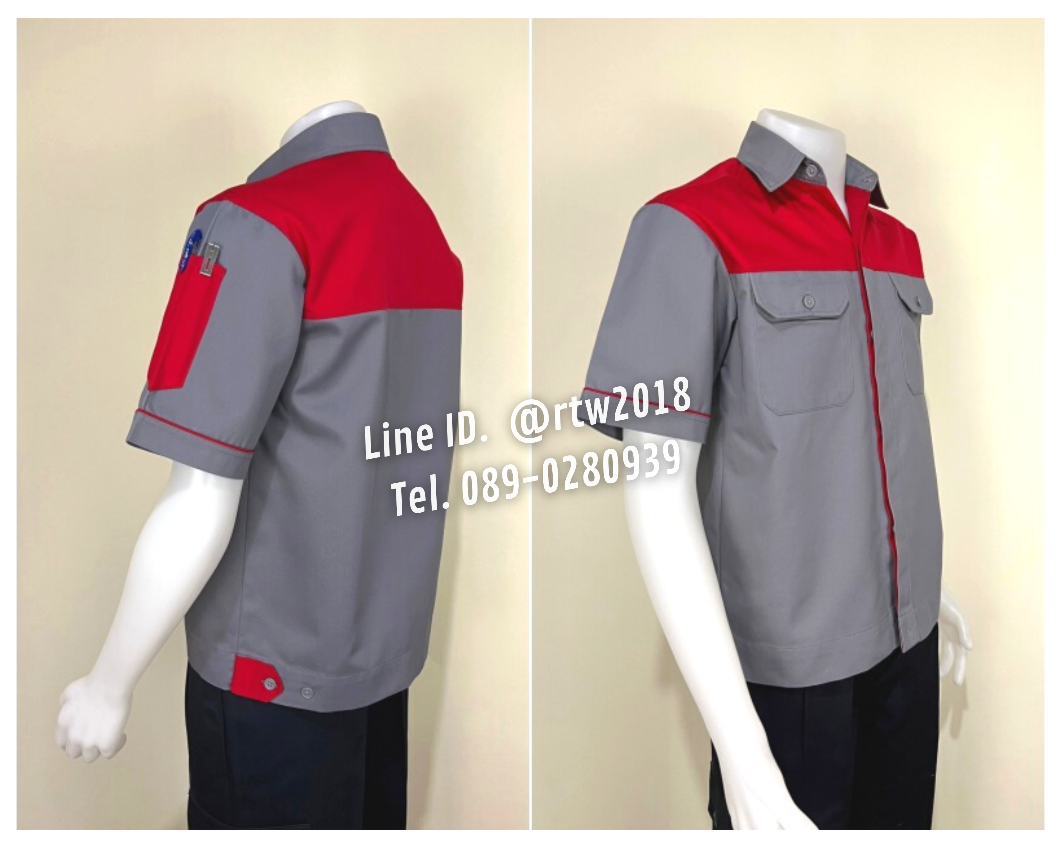 รหัส A8.8 : เสื้อช่างแขนสั้นผ้าคอมทวิวสีเทาอกแดง (ซ่อนสาบ)