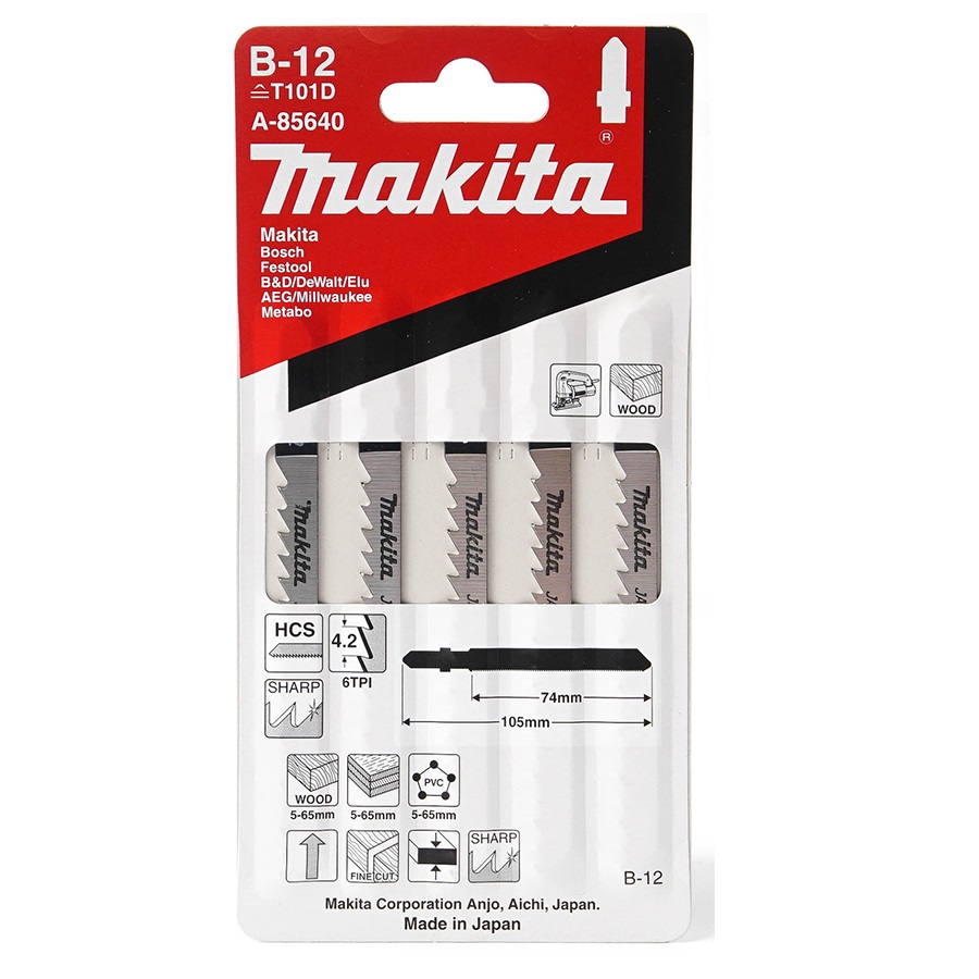 MAKITA A-85640 ใบเลื่อยจิ๊กซอว์ No.B-12 (5ใบ/แผง) ตัดไม้-พลาสติก ผิวตัดเรียบ (ตัดเร็ว)
