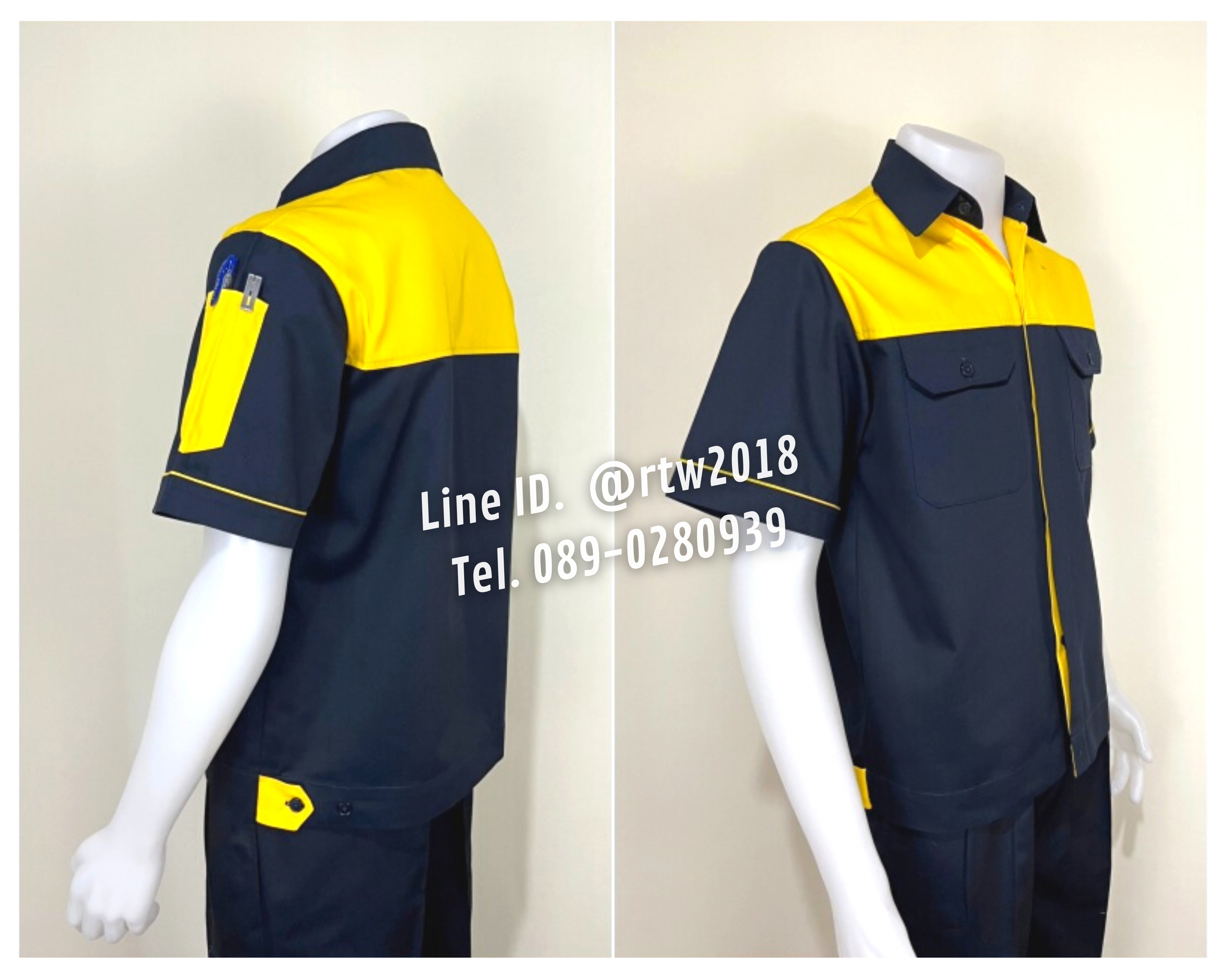รหัส A9.4 : เสื้อช่างแขนสั้นผ้าคอมทวิวสีกรมท่าอกเหลือง (ซ่อนสาบ)
