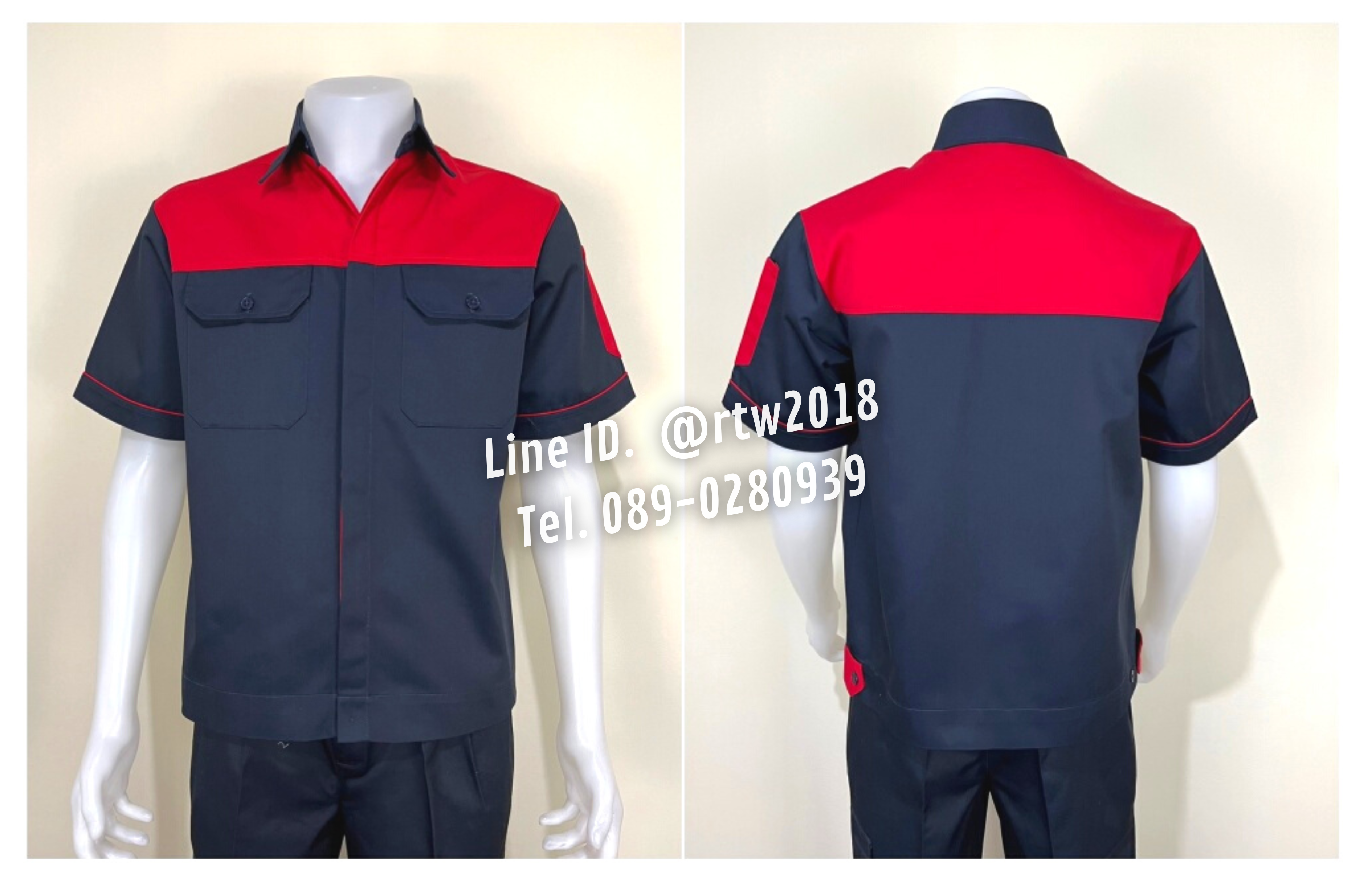 รหัส A9.6 : เสื้อช่างแขนสั้นผ้าคอมทวิวสีกรมท่าอกแดง (ซ่อนสาบ)
