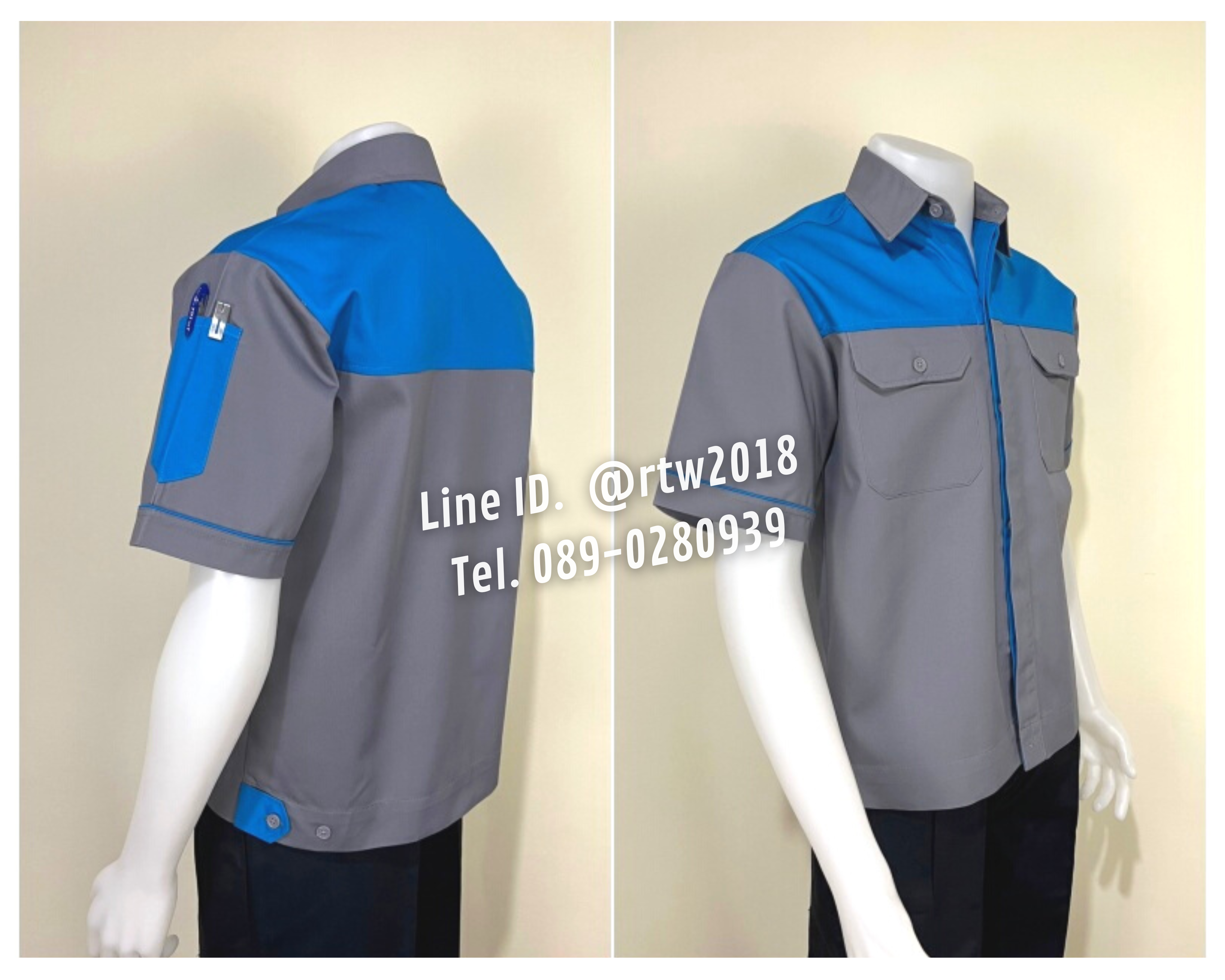 รหัส A8.3 : เสื้อช่างแขนสั้นผ้าคอมทวิวสีเทาอกฟ้าเข้ม (ซ่อนสาบ)