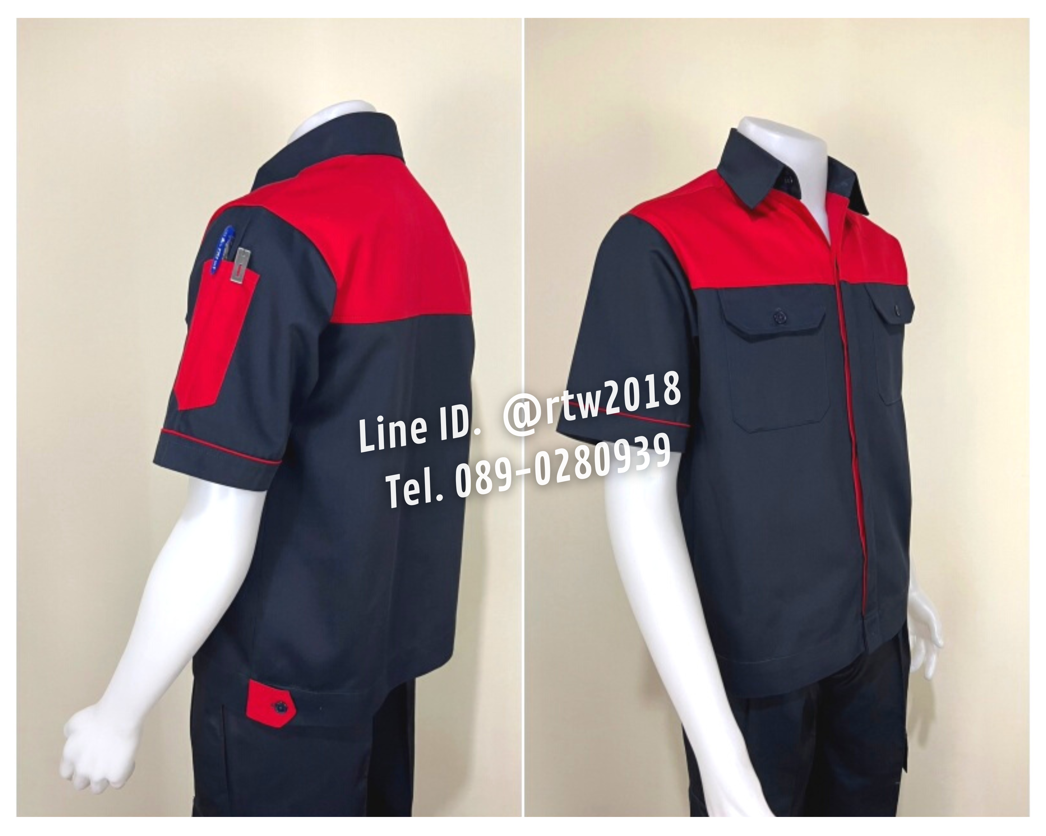รหัส A9.6 : เสื้อช่างแขนสั้นผ้าคอมทวิวสีกรมท่าอกแดง (ซ่อนสาบ)