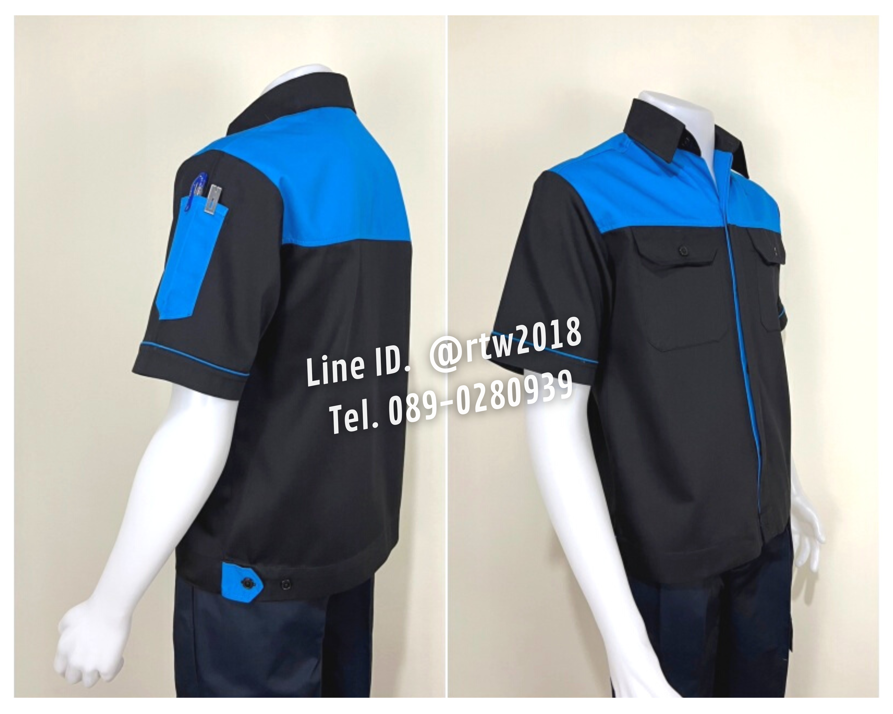 รหัส A10.2 : เสื้อช่างแขนสั้นผ้าคอมทวิวสีดำอกฟ้าเข้ม (ซ่อนสาบ)