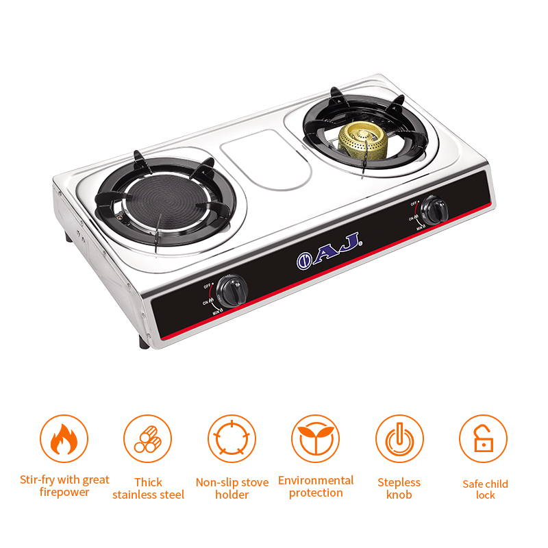 AJ เตาแก๊ส 2 หัว รุ่น GA2H-01A หัวเตาอินฟาเรด+หัวฟู่ทองเหลือง ผลิตจากสเเตนเลสอย่างดี ทำความสะอาดง่าย ไม่เป็นสนิม ประกัน 1 ปี