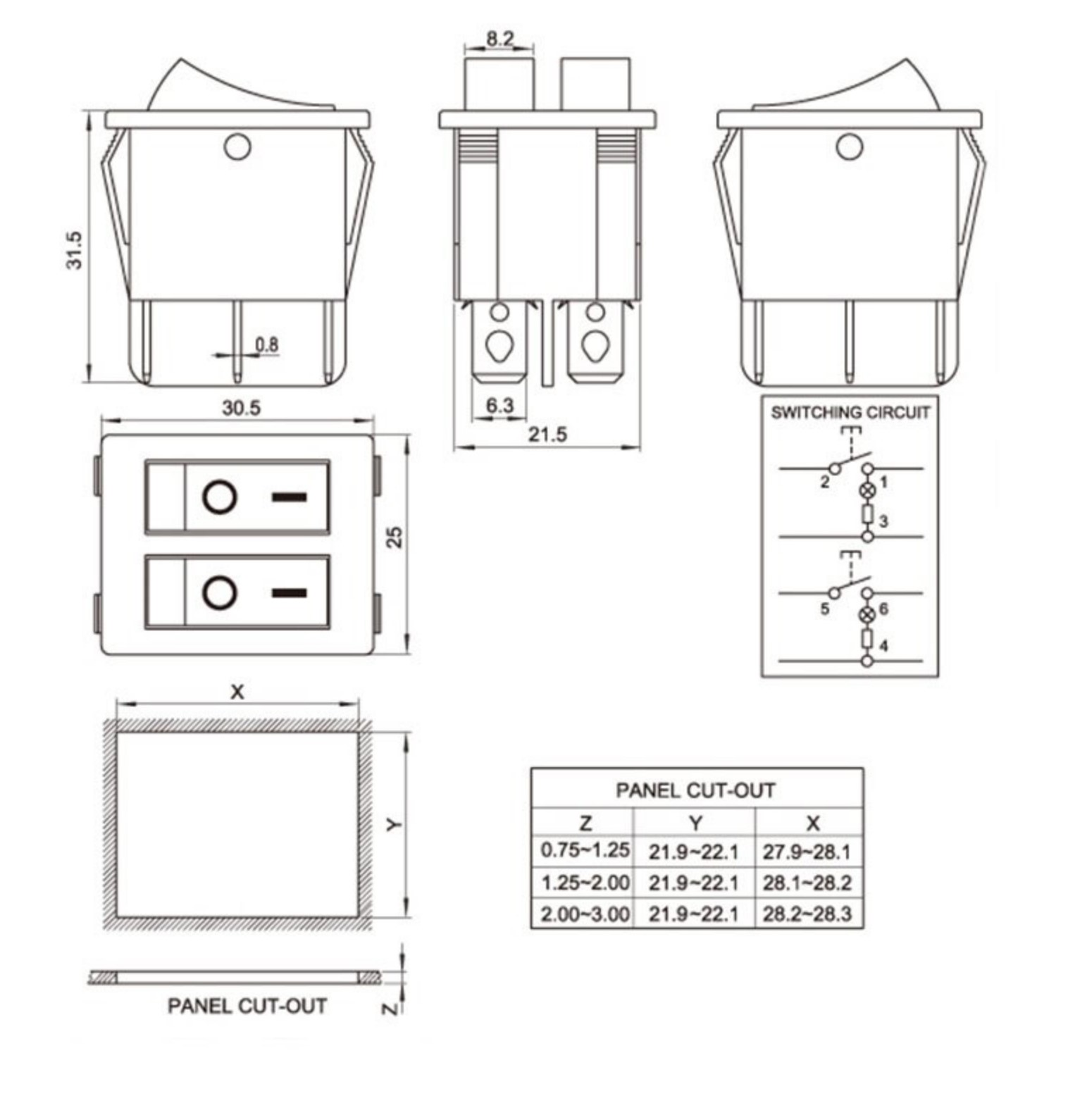 KCD8 6PIN 16A 250V / 20A 125V Double Light Switch Rocker Red ( 1 ตัว)