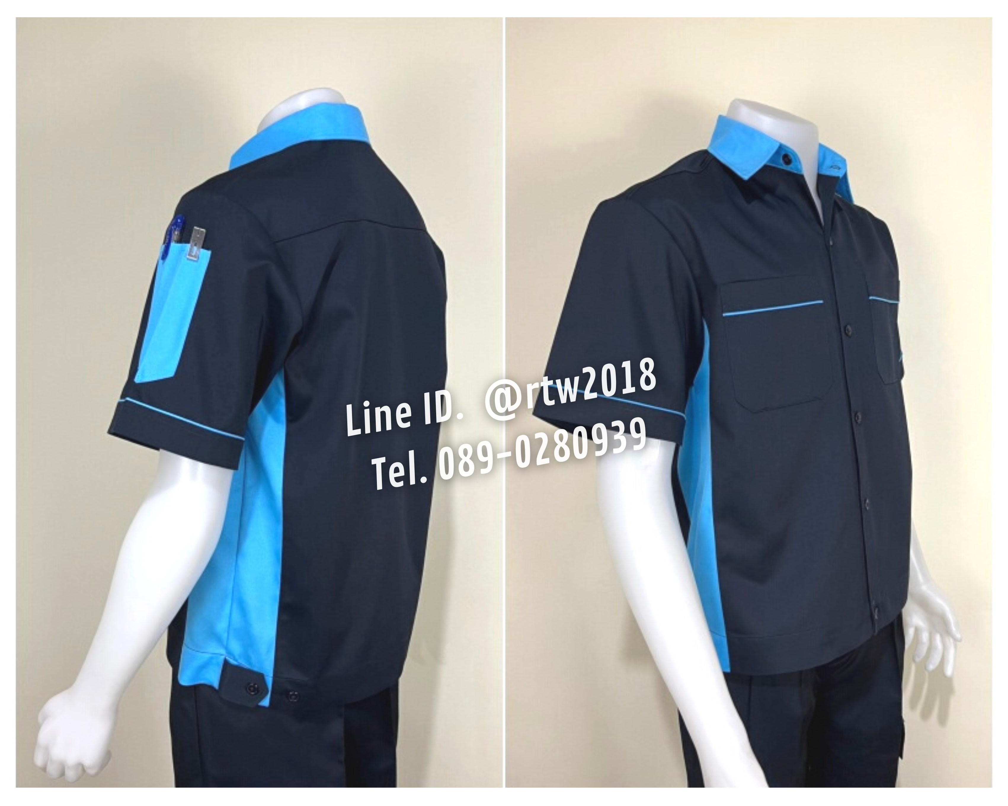 รหัส A12.2 : เสื้อช่างแขนสั้นผ้าคอมทวิวสีกรมท่าข้างฟ้าอ่อน