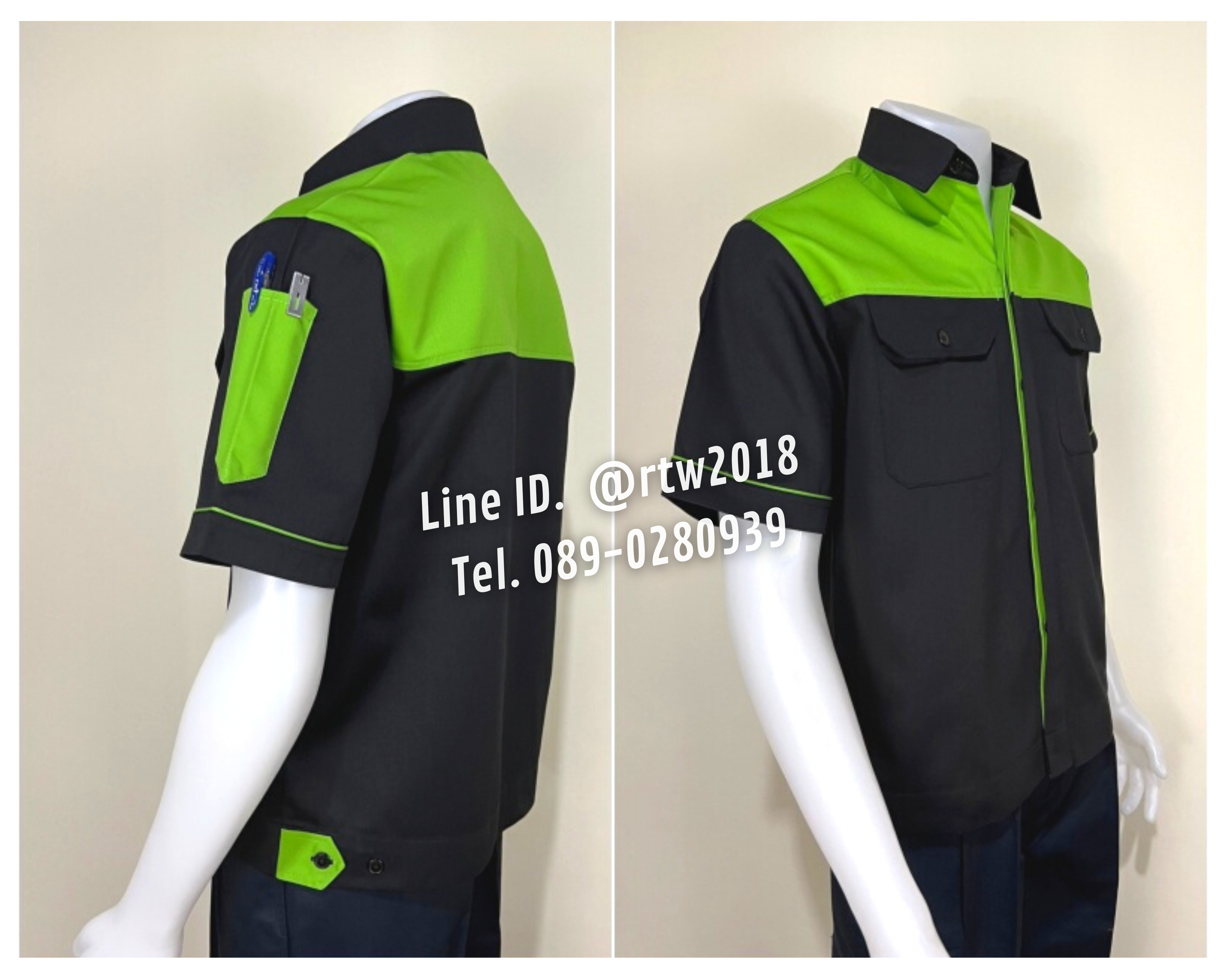 รหัส A10.4 : เสื้อช่างแขนสั้นผ้าคอมทวิวสีดำอกเขียวอ่อน (ซ่อนสาบ)