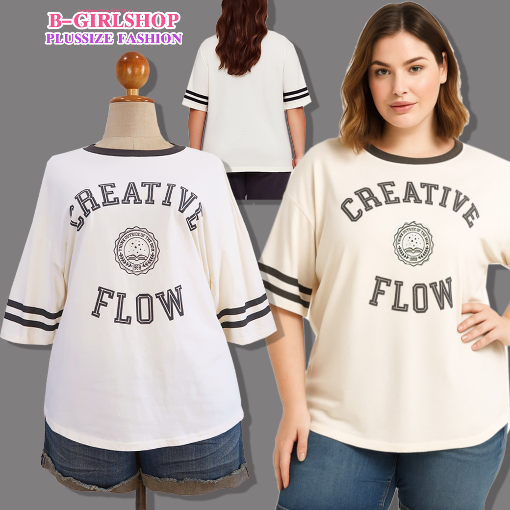 Ha6484-2 *แบรนด์นอก GJ* เสื้อยืดสาวอวบสีครีมแต่งลายสกรีนและขอบคอสีเทาเข้ม ทรงสวย ผ้ายืดคอตตอนเนื้อดีมากค่ะ รอบอก 52 ยืด 56 วงแขน 21 - 24 ชาย 51 - 56 ยาว 28 นิ้ว