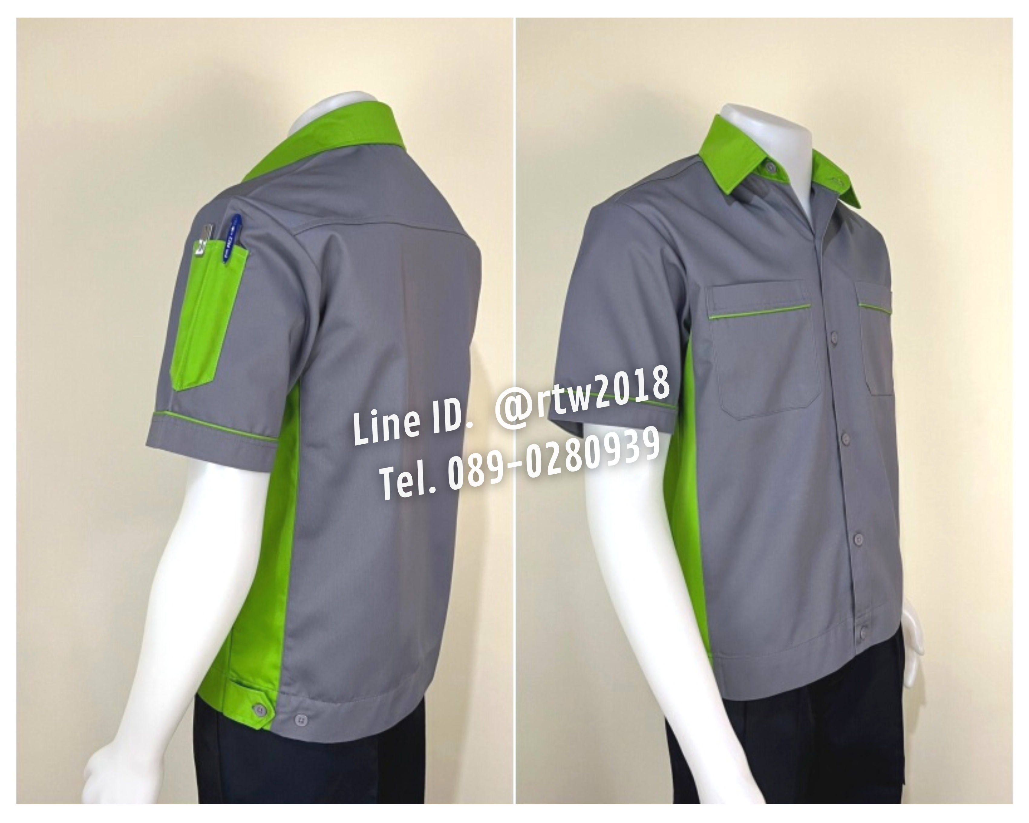 รหัส A11.7 : เสื้อช่างแขนสั้นผ้าคอมทวิวสีเทาข้างเขียวอ่อน