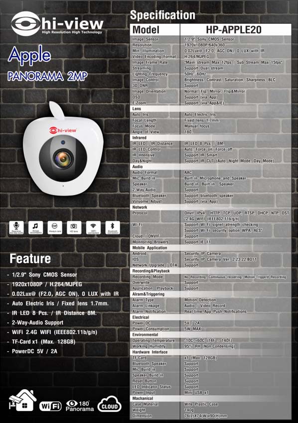 กล้องวงจรปิด HI-VIEW IP Camera Apple Panorama 2mp รุ่น HP-Apple20