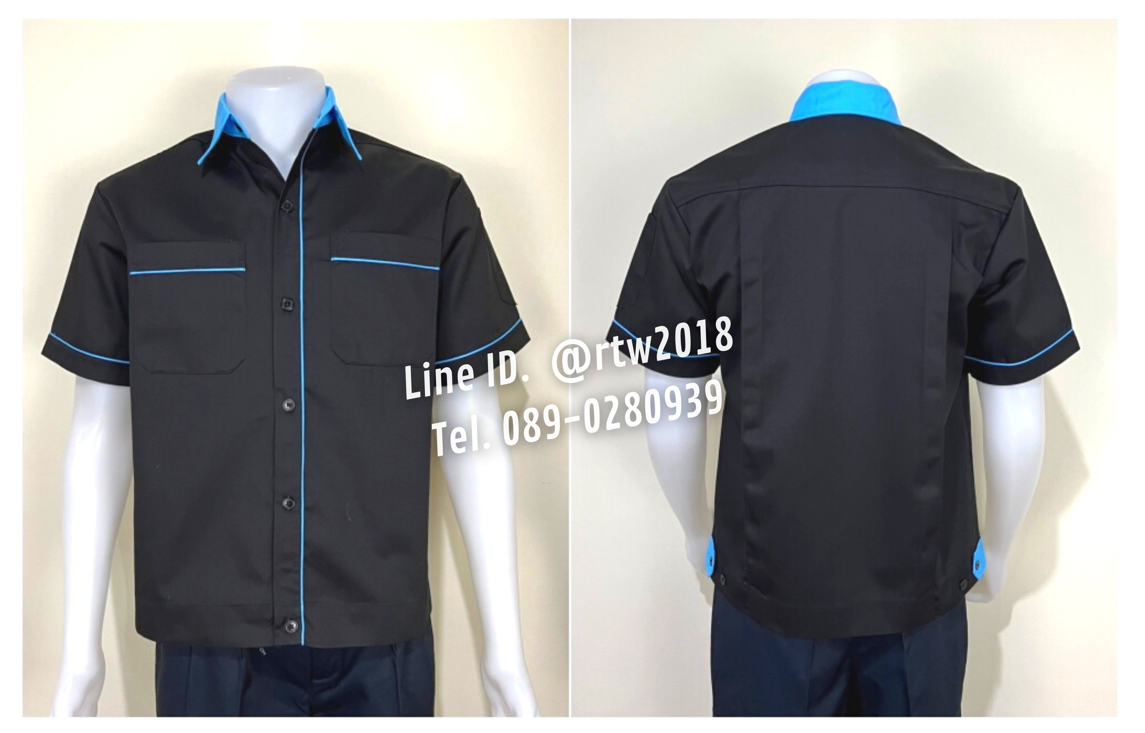 รหัส A7.2 : เสื้อช่างแขนสั้นผ้าคอมทวิวสีดำกุ้นฟ้าอ่อน