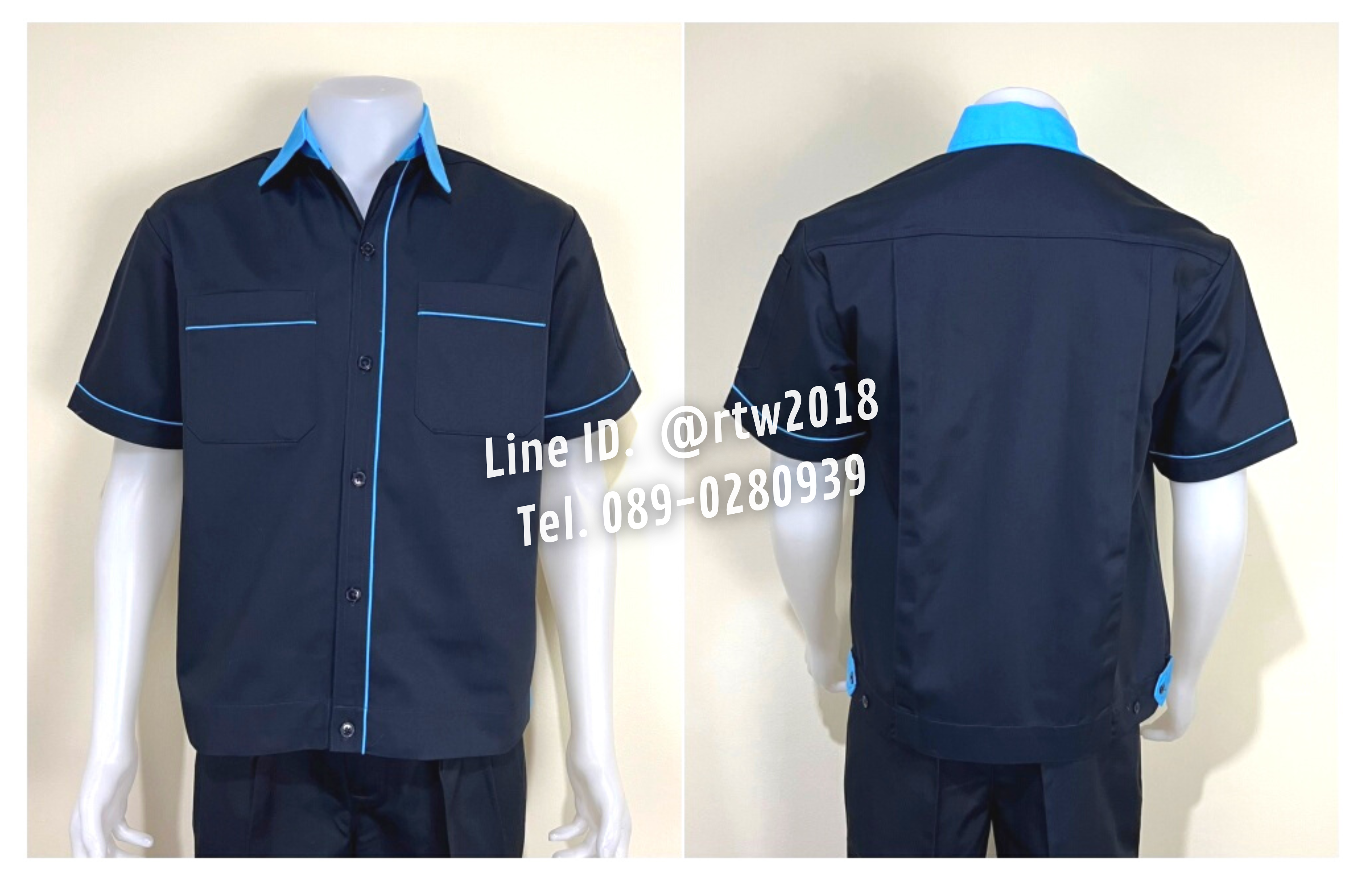 รหัส A6.2 : เสื้อช่างแขนสั้นผ้าคอมทวิวสีกรมท่ากุ้นฟ้าอ่อน