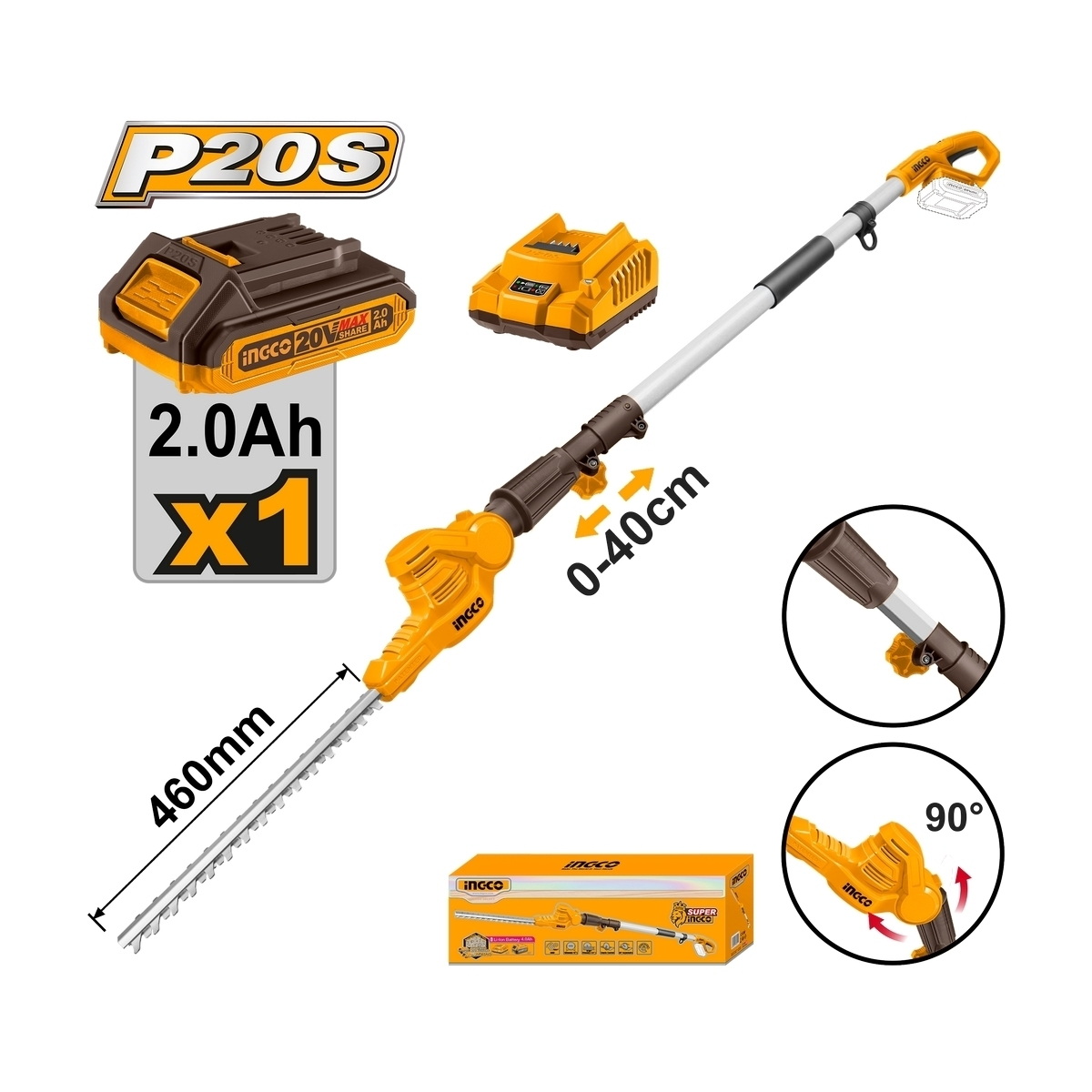 INGCO CPHT2016012 เครื่องตัดแต่งพุ่มไม้ไร้สายด้ามยาว 20V แบตx1