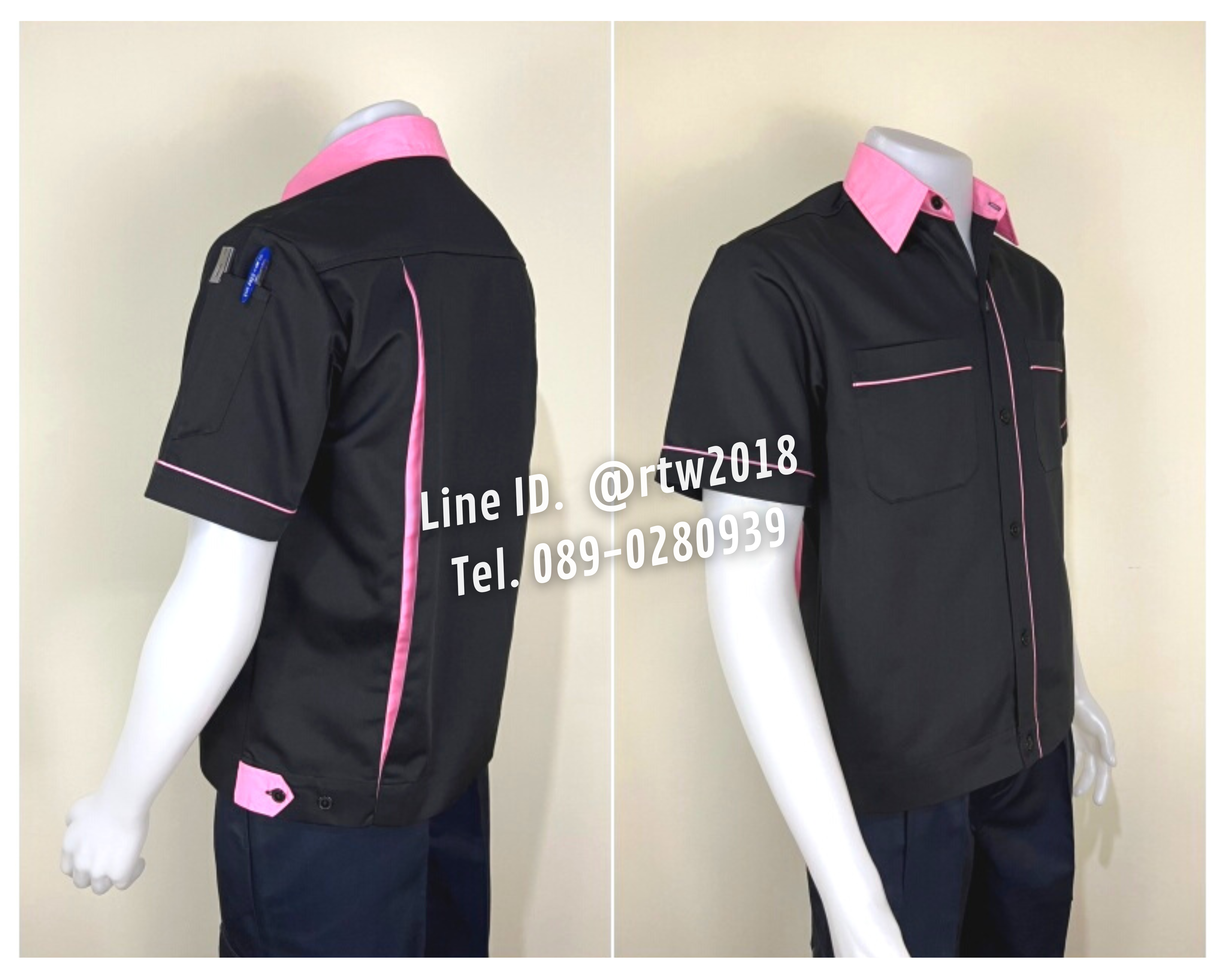 รหัส A7.12 : เสื้อช่างแขนสั้นผ้าคอมทวิวสีดำกุ้นชมพูอ่อน