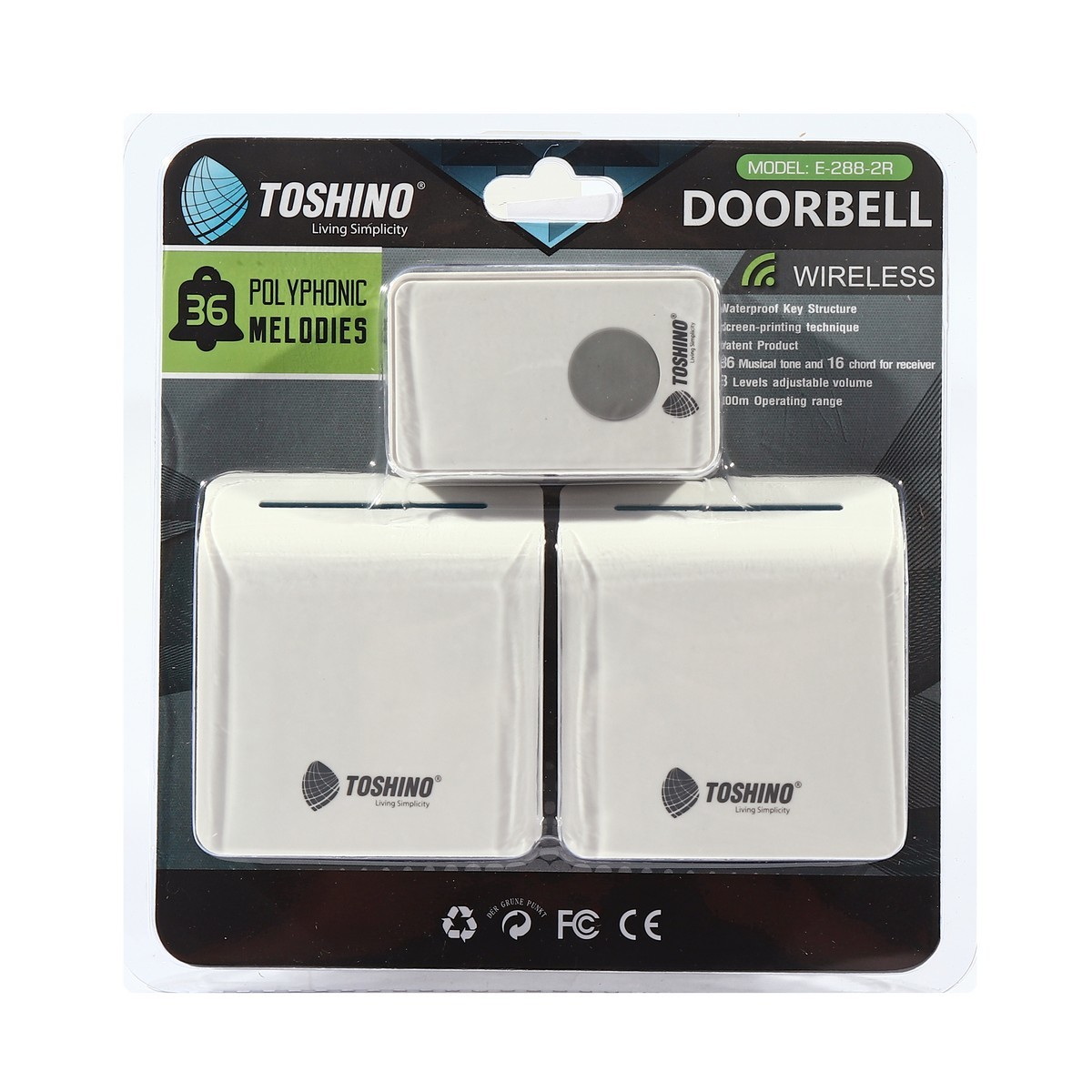 TOSHINO E-288-2R กระดิ่งไร้สาย แบบเสียบปลั๊ก 2ตัวรับ 1ตัวส่ง