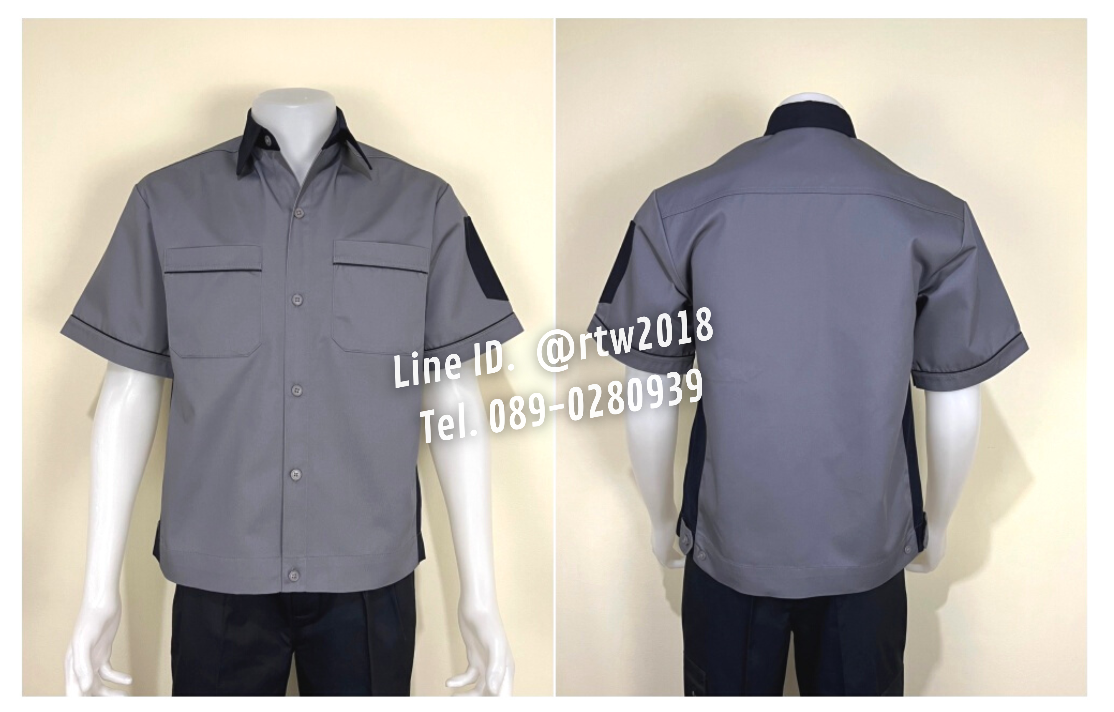 รหัส A11.5 : เสื้อช่างแขนสั้นผ้าคอมทวิวสีเทาข้างกรมท่า