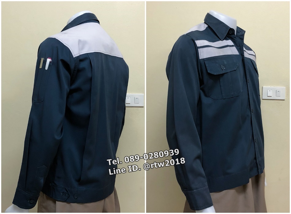 เสื้อช่างแขนยาวผ้าคอมแบบสีกรมคาดอกเทาคู่ (รหัส A64)