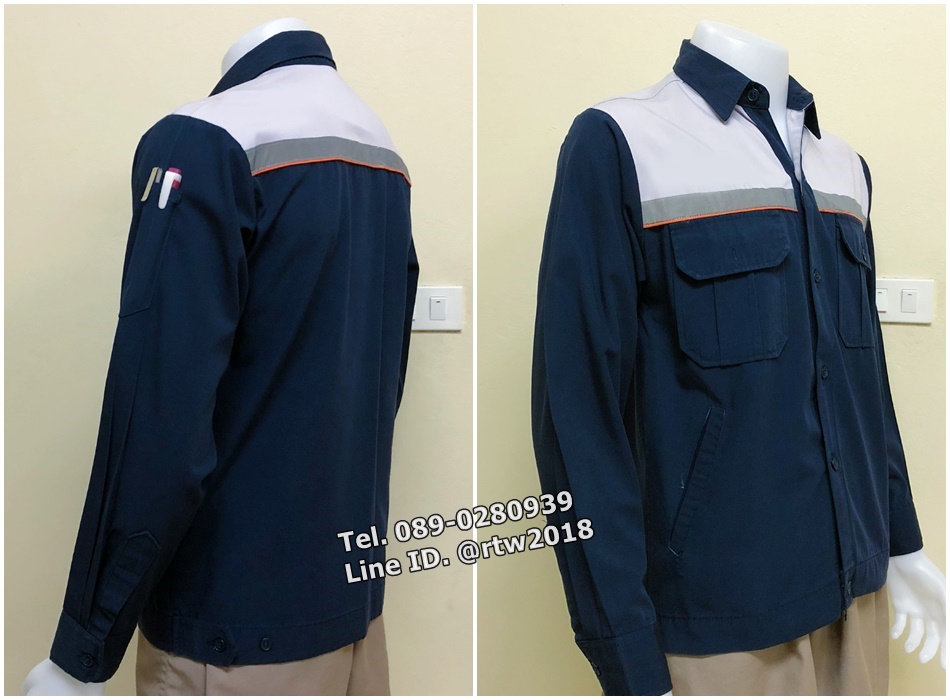 เสื้อช่างแขนยาวผ้าคอมแบบกรมท่าอกเทากุ้นสะท้อนแสง (รหัส A65)