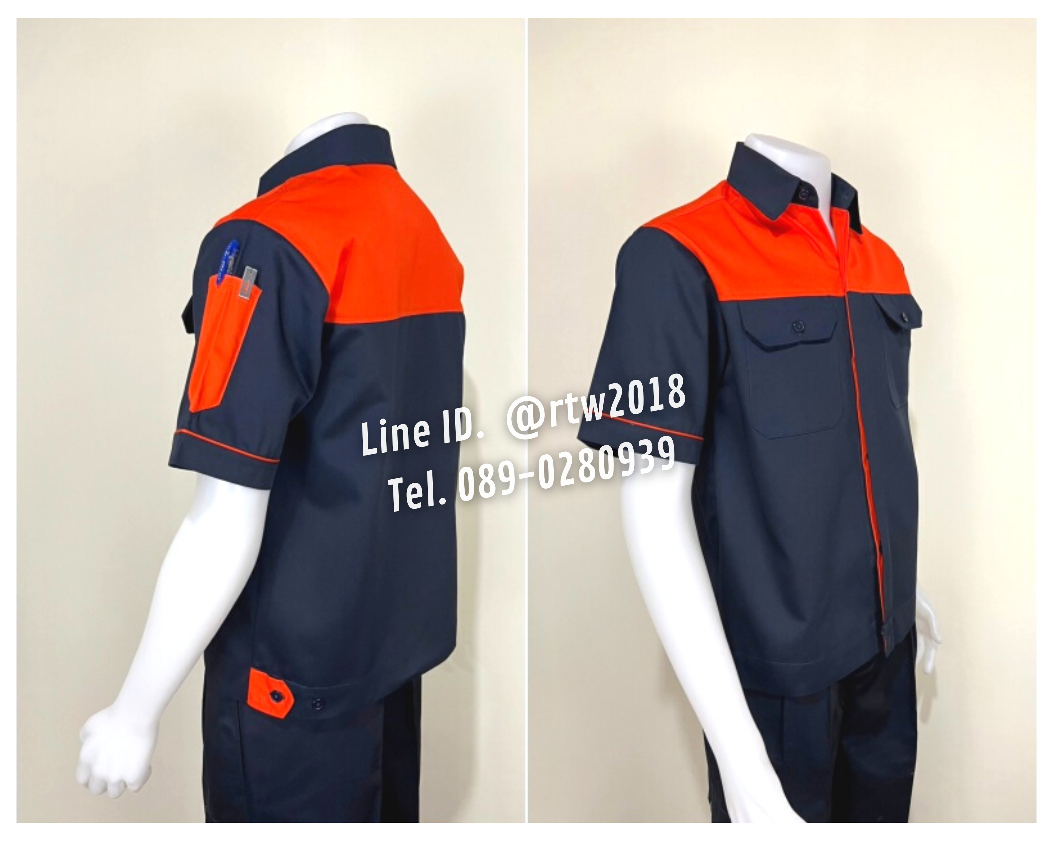 รหัส A9.5 : เสื้อช่างแขนสั้นผ้าคอมทวิวสีกรมท่าอกส้ม (ซ่อนสาบ)