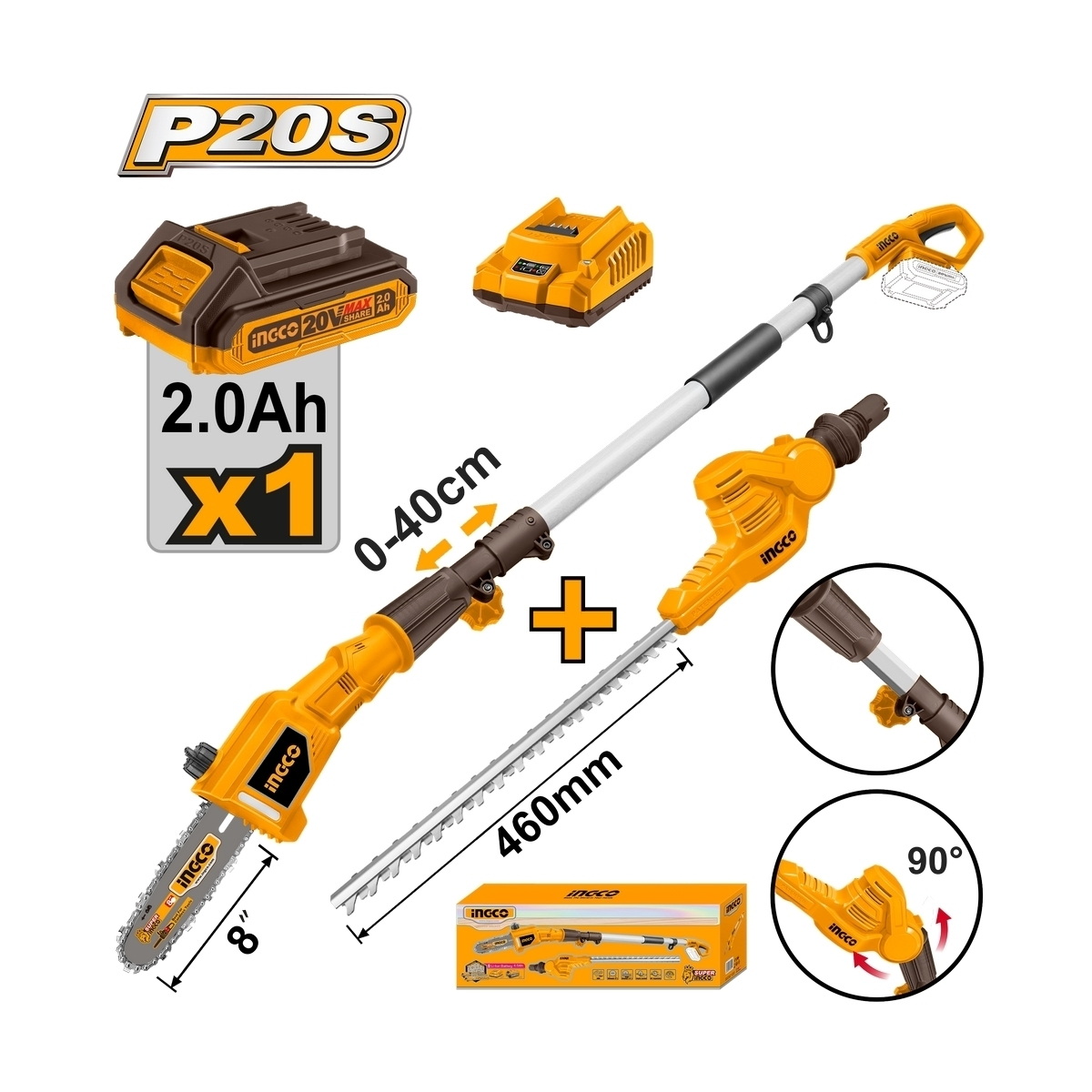 INGCO CPTS201681 ชุดเลื่อยตัดแต่งกิ่งไม้ไร้สาย 2IN1 20V แบตx1
