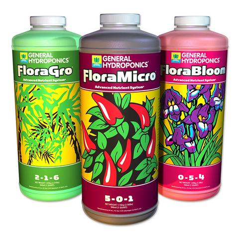 สารอาหารแบบน้ำเพื่อทดแทนปุ๋ย สูตรดอกดก กลิ่นหอม 'Flora Series' General Hydroponics Flora Grow, Bloom, Micro Combo Fertilizer set, 1 Quart (Pack of 3)