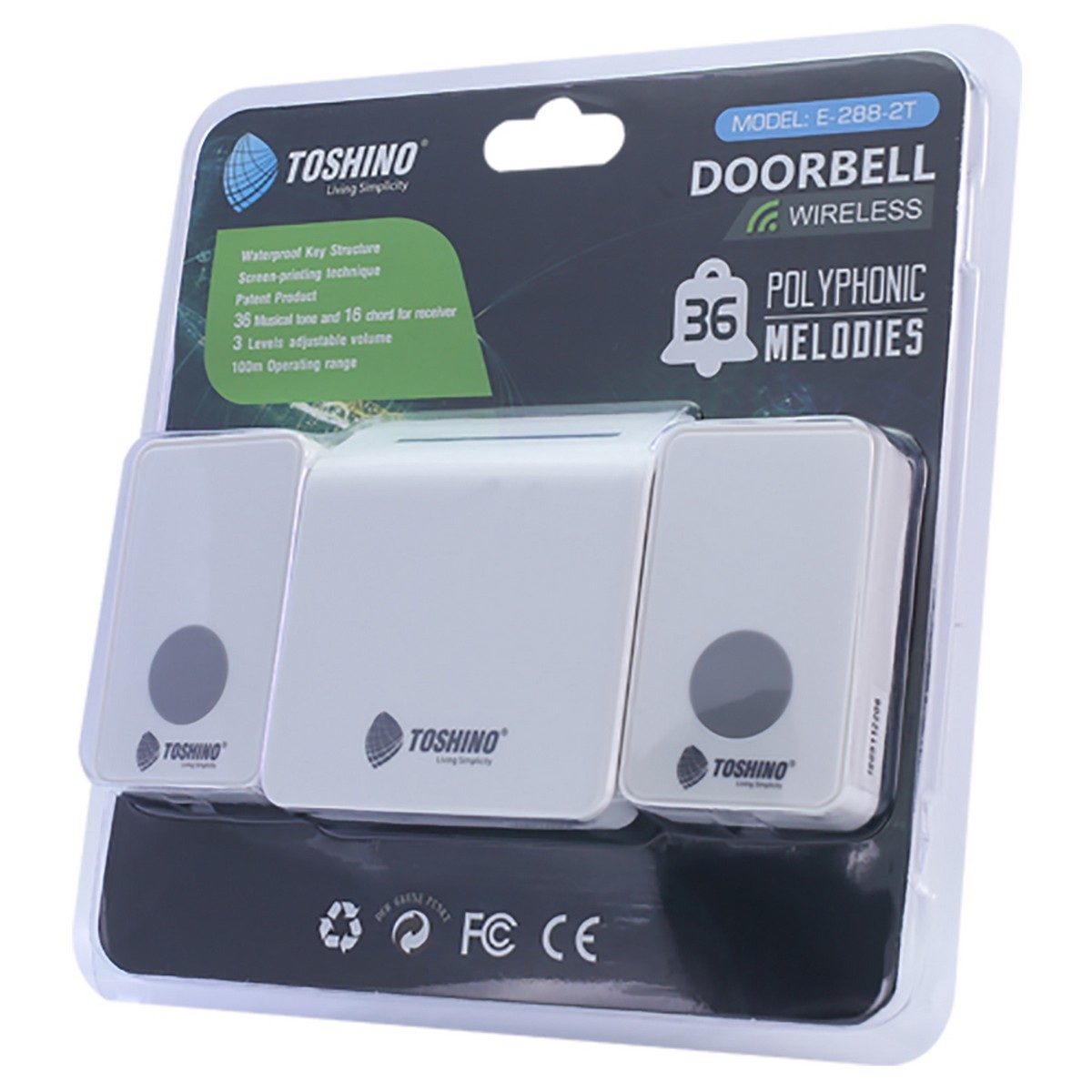 TOSHINO E-288-2T กระดิ่งไร้สาย แบบเสียบปลั๊ก 1ตัวรับ 2ตัวส่ง