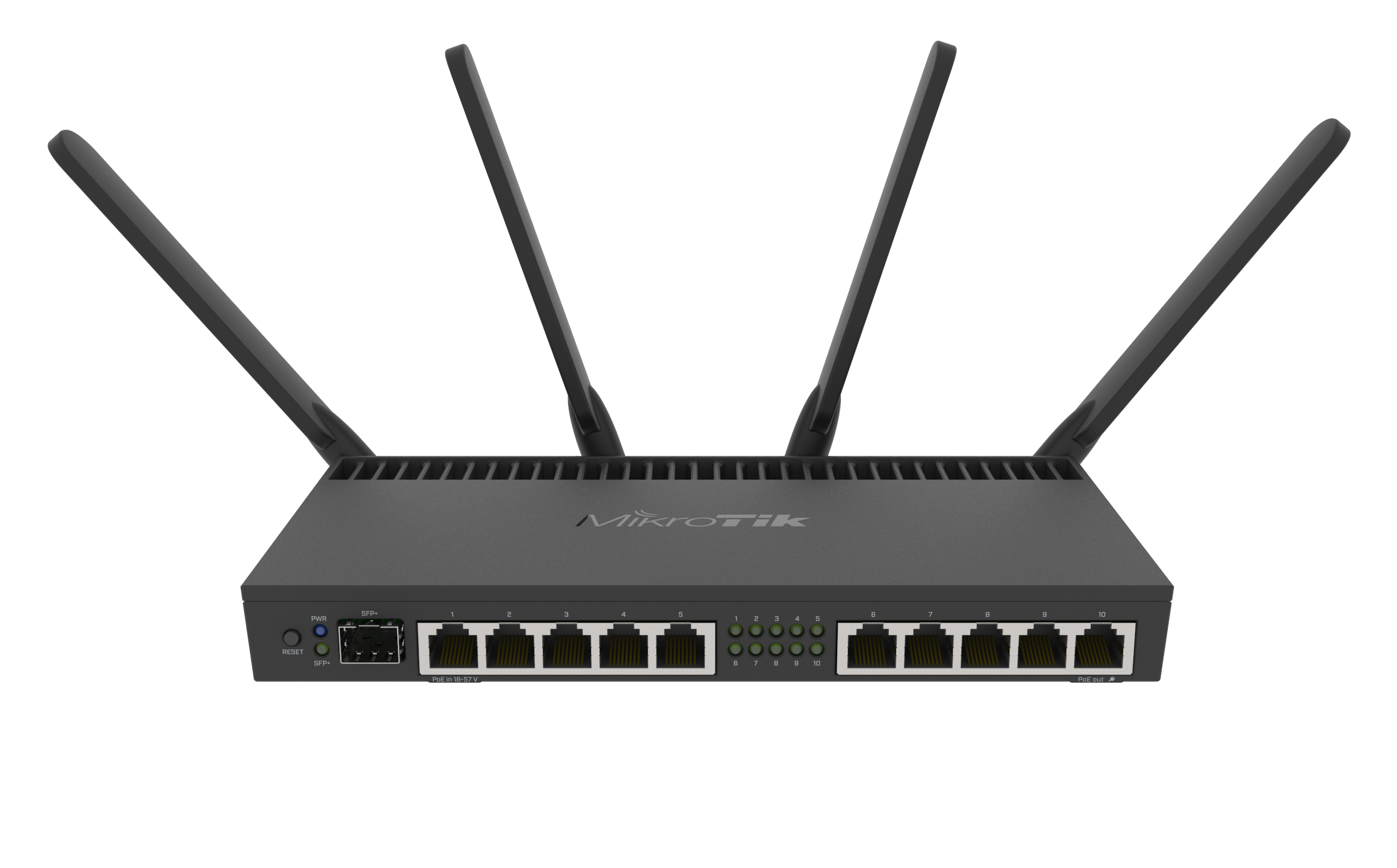 RB4011iGS+5HacQ2HnD-IN Powerful 10xGigabit port router with a Quad-core 1.4Ghz CPU, 1GB RAM, SFP+ 10Gbps cage, dual band 2.4GHz / 5GHz 4x4 MIMO 802.11a/b/g/n/ac wireless and desktop case