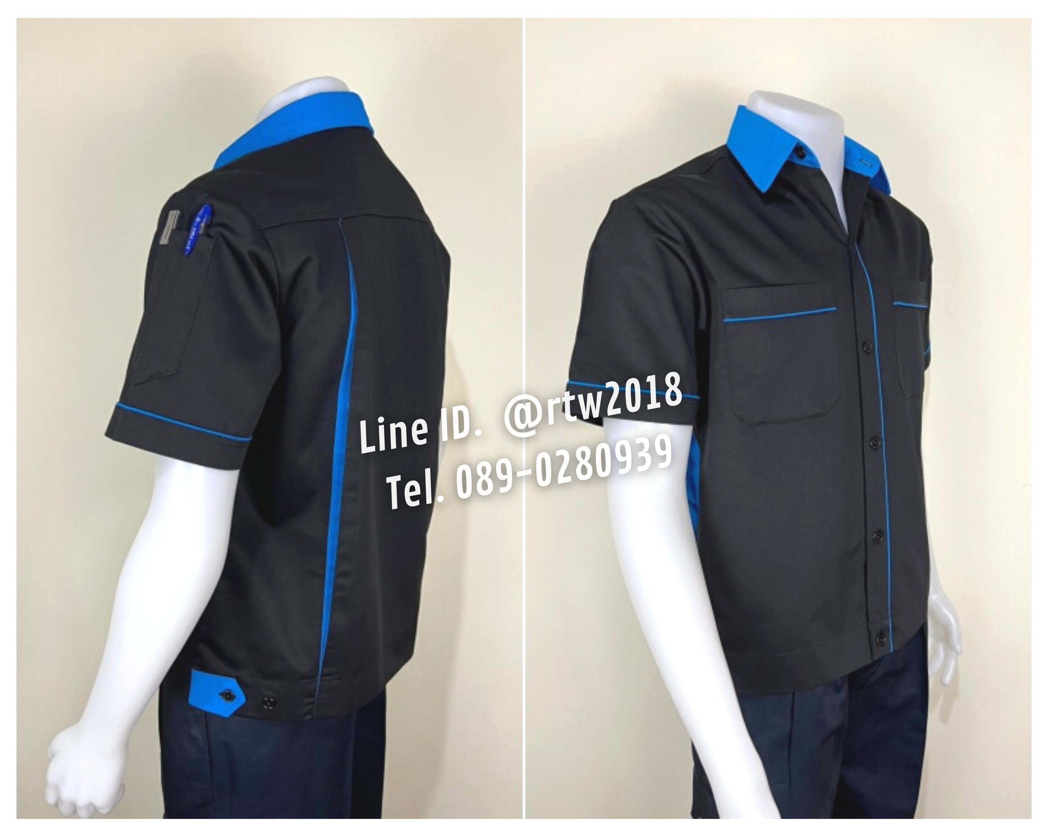 รหัส A7.3 : เสื้อช่างแขนสั้นผ้าคอมทวิวสีดำกุ้นฟ้าเข้ม