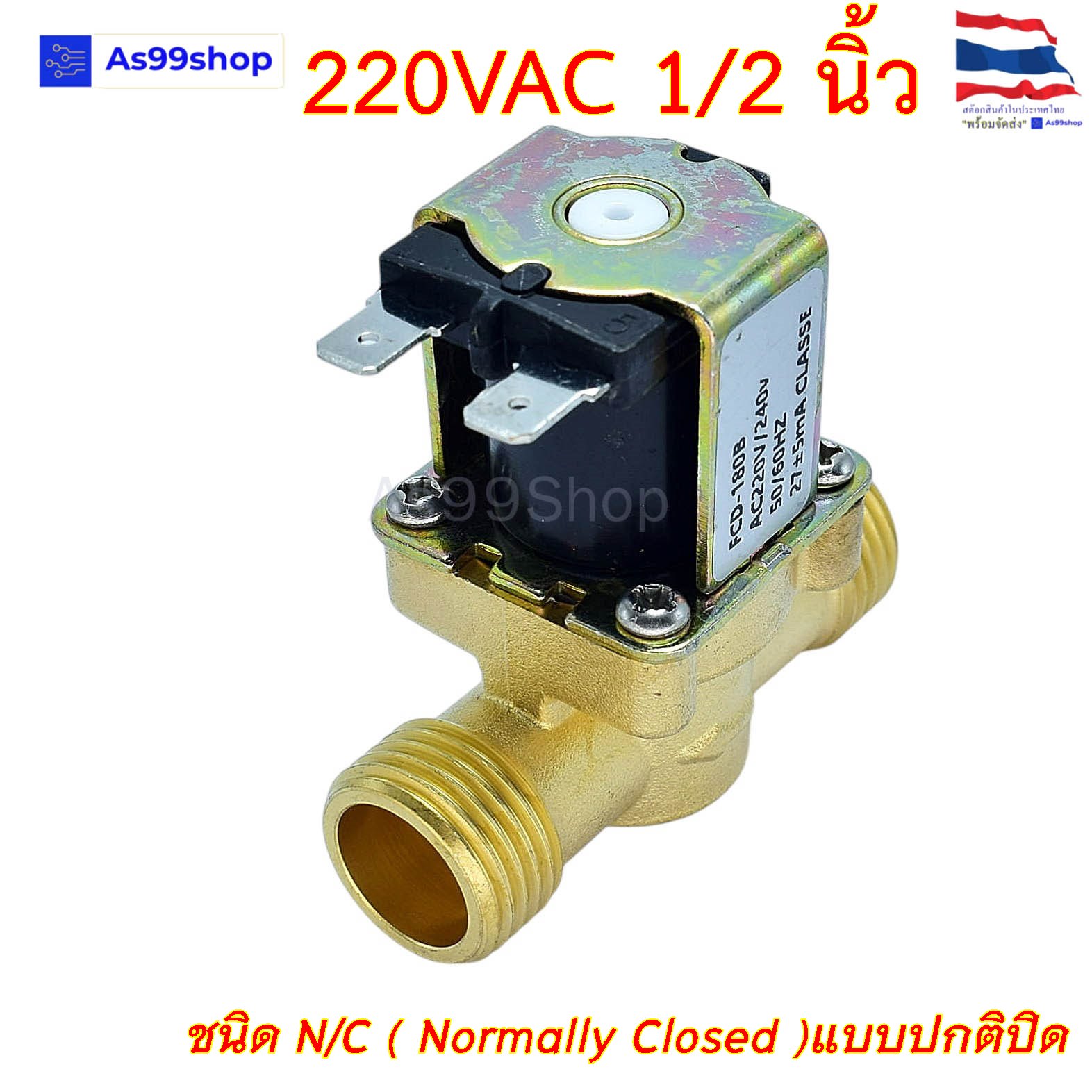 โซลินอยด์วาล์วทองเหลือง Solenoid Valve 220VAC 1/2 นิ้ว สำหรับเปิด-ปิด น้ำ( NC )