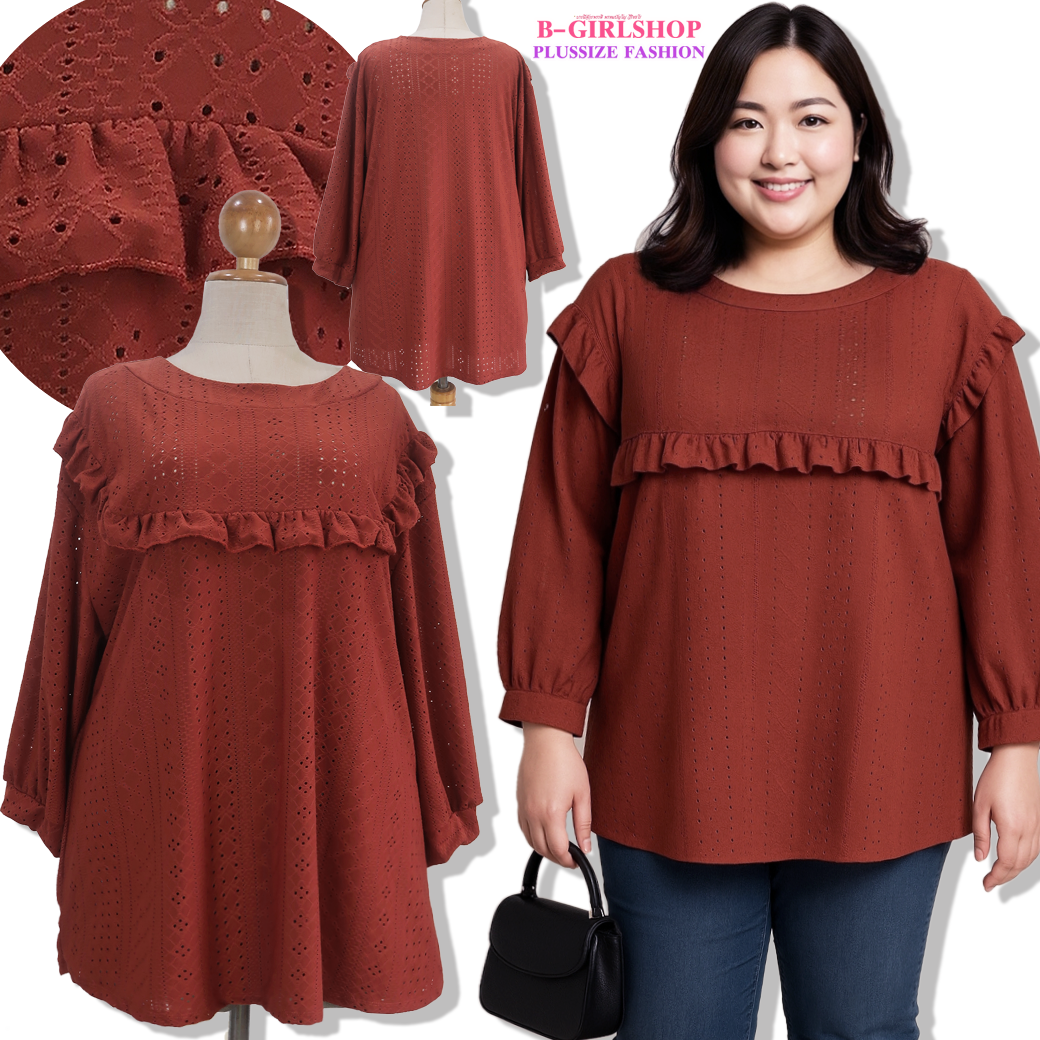 Ha6691 เสื้อสาวอวบผ้าลูกไม้ฉลุเนื้อยืดใส่สบายไม่ต้องรีดสีส้มอิฐ ผ้าทิ้งมีน้ำหนัก แต่งระบายตรงอกถึงหัวแขนเพิ่มดีเทลเก๋ ใส่ได้ตลอด รอบอก 60 ยืด 66 วงแขน 26 - 32 ชาย 64 - 72 ยาว 32 นิ้ว