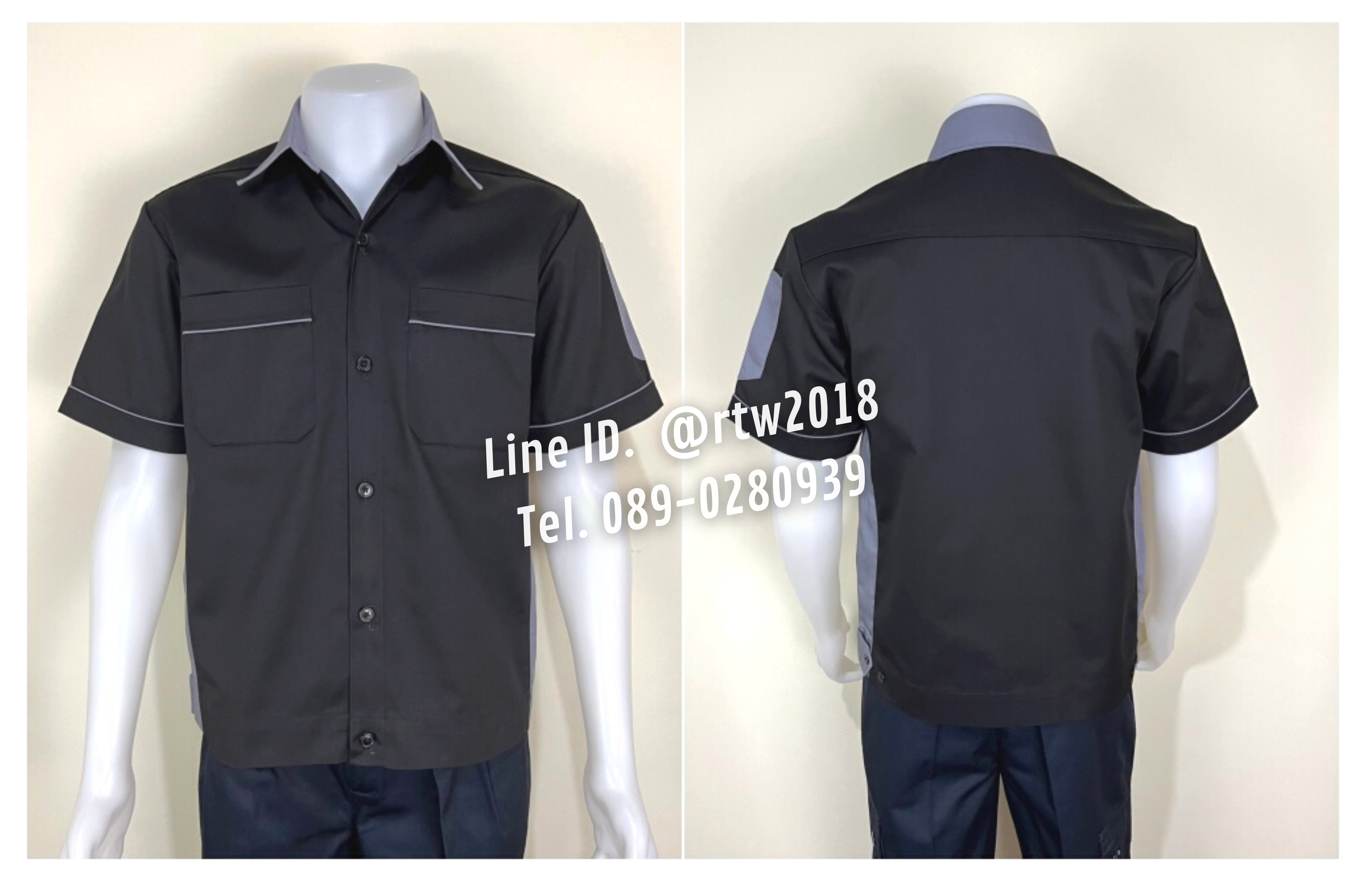 รหัส A13.13 : เสื้อช่างแขนสั้นผ้าคอมทวิวสีดำข้างเทา