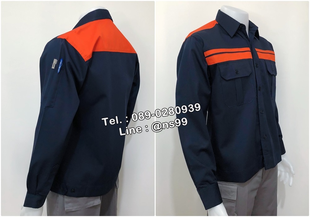 เสื้อช่างแขนยาวผ้าคอมทวิวแบบกรมคาดอกส้มคู่ (รหัส A112)