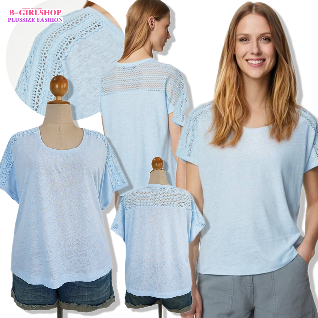 Ha4389 *แบรนด์นอก Mark & Spencer* ไซส์ 22 เสื้อสาวอวบสีฟ้าแต่งลูกไม้บ่าหน้าและหลัง ผ้ายืดสลาฟเนื้อดี งานสวยมาก รอบอก 54 ยืด 60 วงแขน 22 - 26 ชาย 56 - 62 ยาว 25 นิ้ว