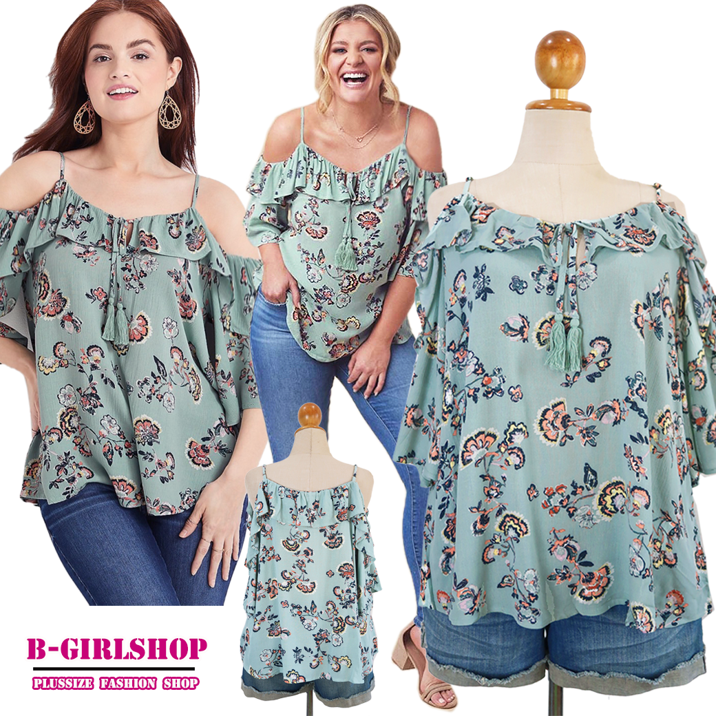 Ha4783 *แบรนด์นอก Maurices* ไซส์ 3X เสื้อสาวอวบสีมินท์ลายดอกไม้ เปิดไหล่ สามารถรูดสายตรงไหล่ให้คอและแขน ลึก หรือ ตื้นได้ รอบอก 58 - 60 วงแขน 26 ชาย 68 ยาว 29.5 นิ้ว