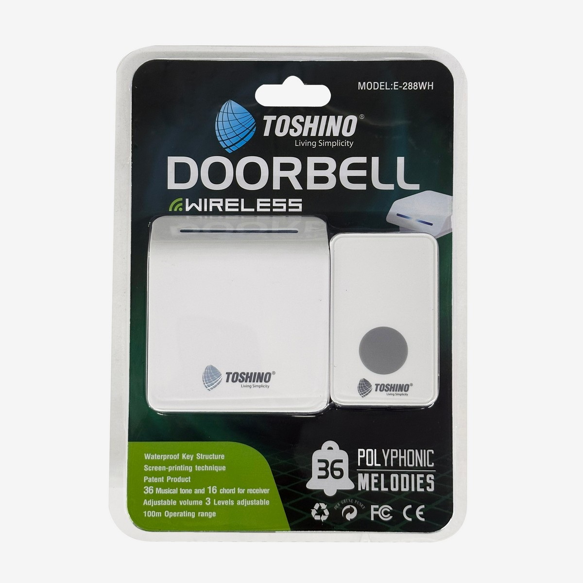 TOSHINO E-288WH กระดิ่งไร้สาย แบบเสียบปลั๊ก แบบปุ่มกด 1 ตัวรับ 1 ตัวส่ง