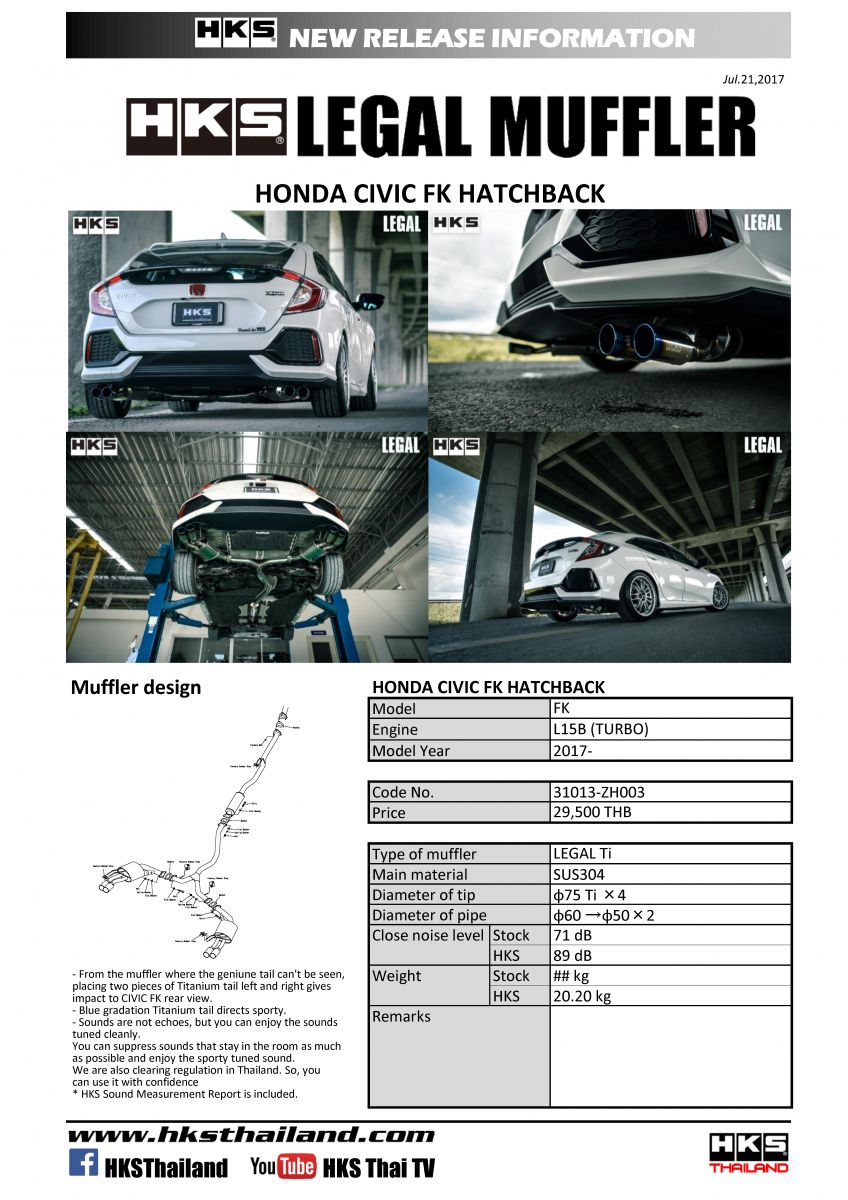 ท่อ HKS สำหรับรถรุ่นHONDA CIVIC FK 2017-2020