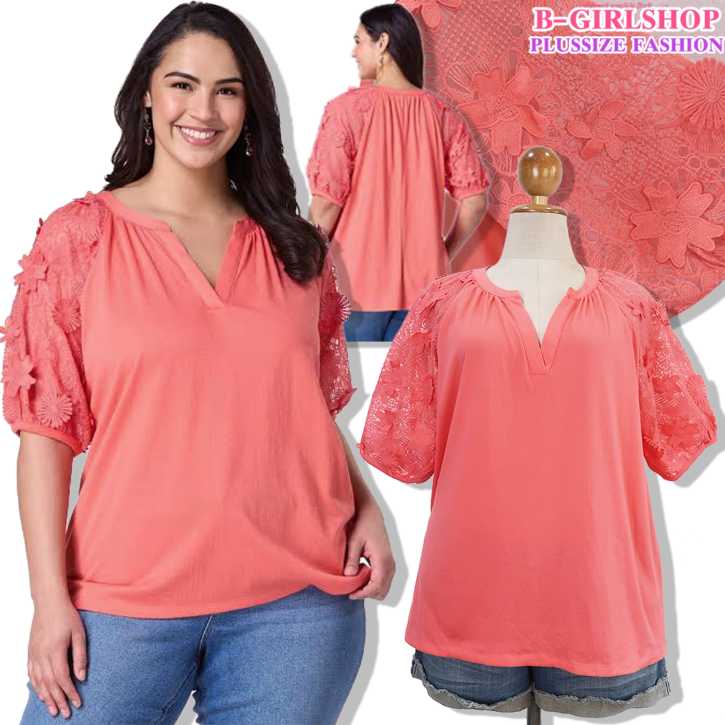 Ha6506 *แบรนด์นอก Cato* ไซส์ 22/24 เสื้อสาวอวบผ้าอัดย่นเนื้อยืดหยุ่น แต่งแขนลูกไม้ดอกนูนลอย ผ้าสวยมาก ทรงสวย งาน AA รอบอก 56 ยืด 60 วงแขน 30 - 32 ชาย 62 - 68 ยาว 29 นิ้ว
