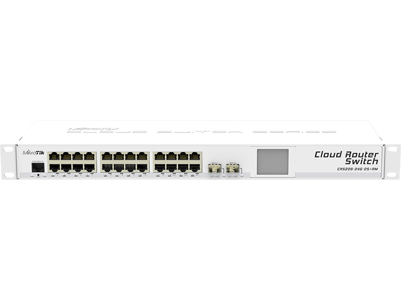 MikroTik CRS226-24G-2S+RM - 24-Port Gigabit Ethernet + 2-Port SFP+ (1G/10G) Cloud Router Switch + LCD Panel, MikroTik RouterOS, Level5 license (Load Balancing + HotSpot Server) Metal Case + 1U Rack-Mount