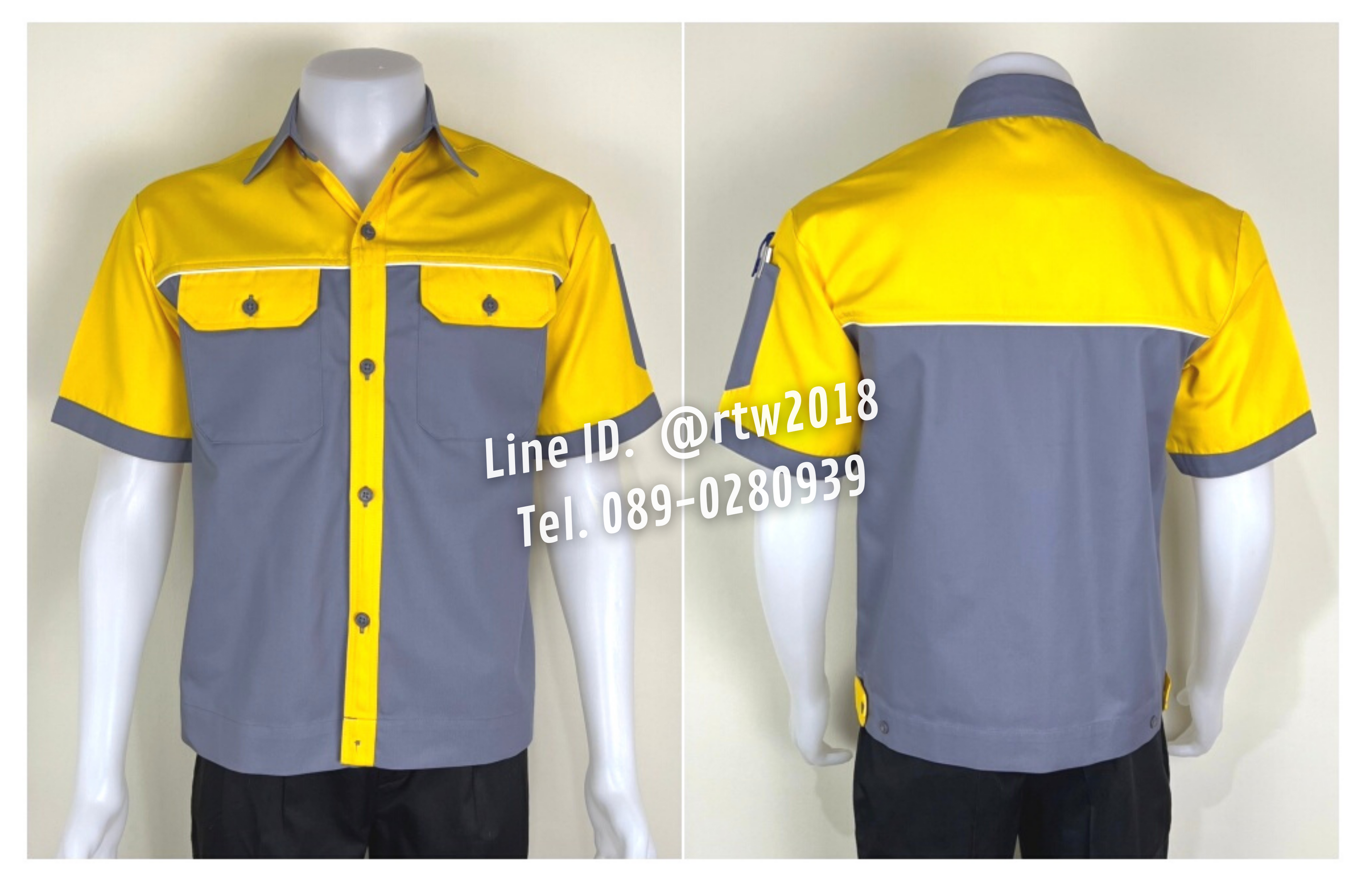 รหัส A25.1 : เสื้อช่างแขนสั้นผ้าคอมทวิวสีเทาอก+แขนเหลือง (กุ้นขาว)