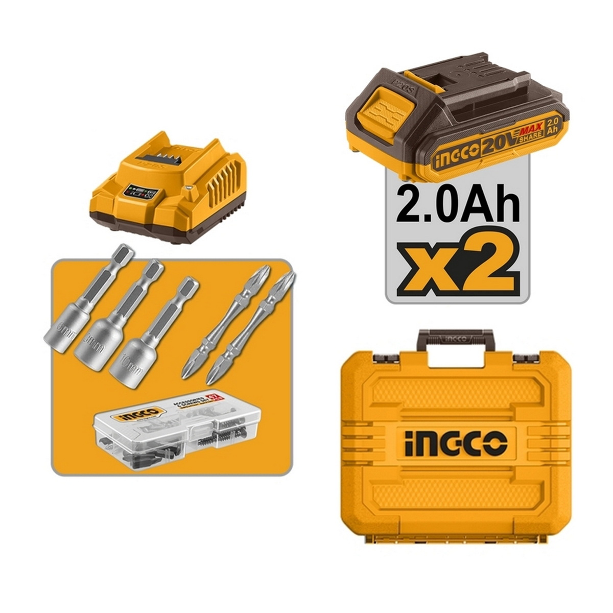 INGCO CKLI20277 สว่านกระแทกไร้สาย + ไขควงกระแทกไร้สาย 20V