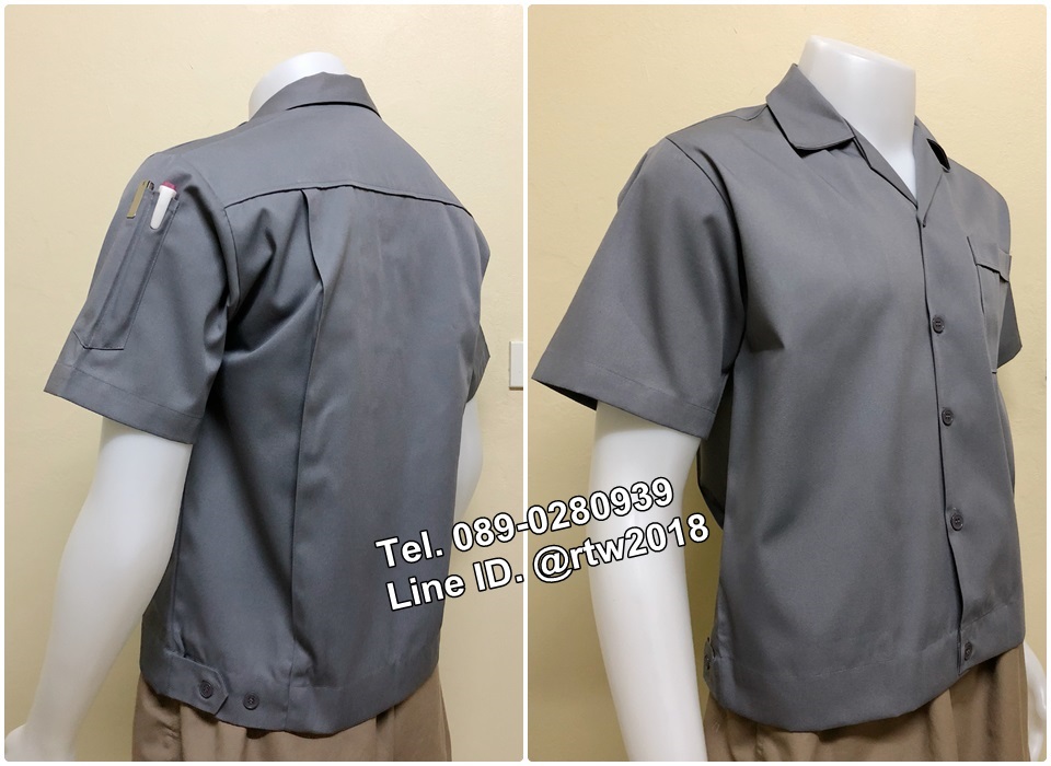 เสื้อช่างแขนสั้นแบบกระเป๋าเดียวเอวจั้มสีเทาล้วน (รหัส A43)