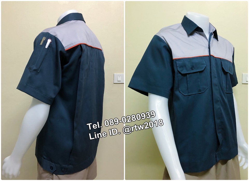 เสื้อช่างแขนสั้นแบบกรมอกเทากุ้นส้ม(วอลโว่) (รหัส A45)