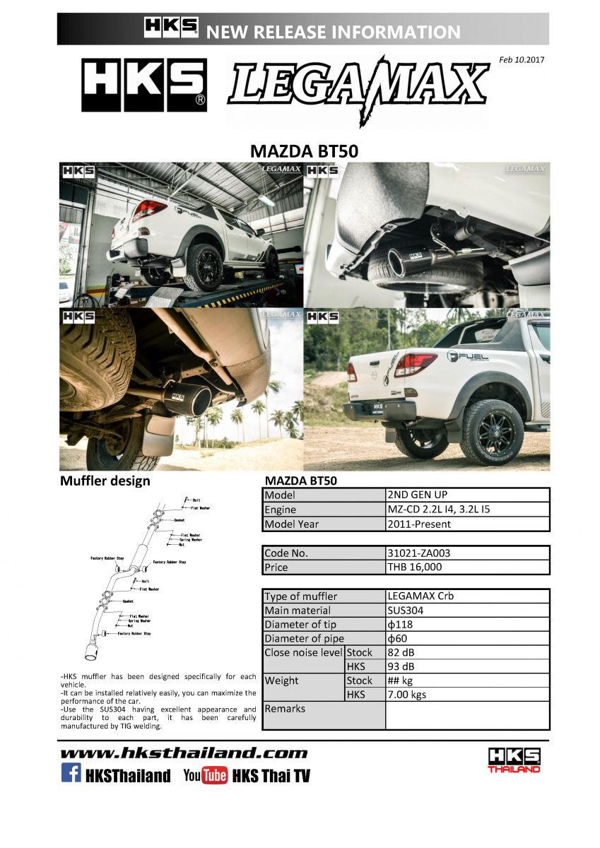 ท่อ HKS สำหรับรถรุ่นMAZDA BT50 2011-2020