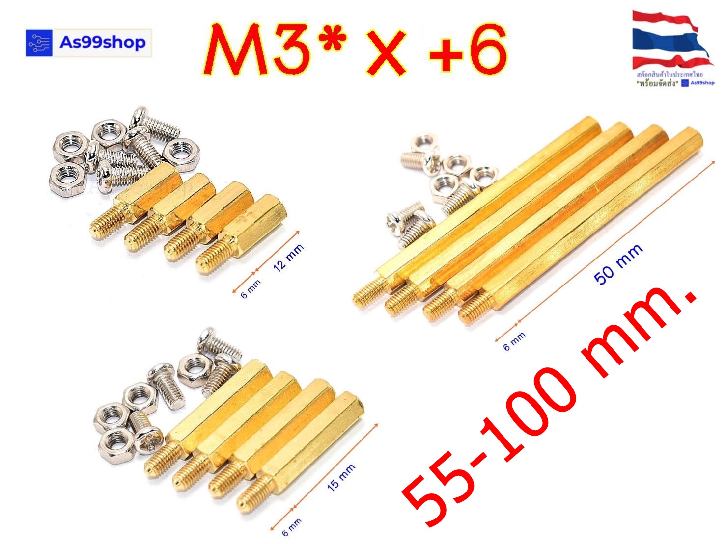 คอลัมน์ M3 *x+6 ( 55-100 mm. ) คอลัมน์ทองแดง หกเหลี่ยม แบบกลวง ( 1 ชุด 4 ตัว )+น๊อต 8 ตัว