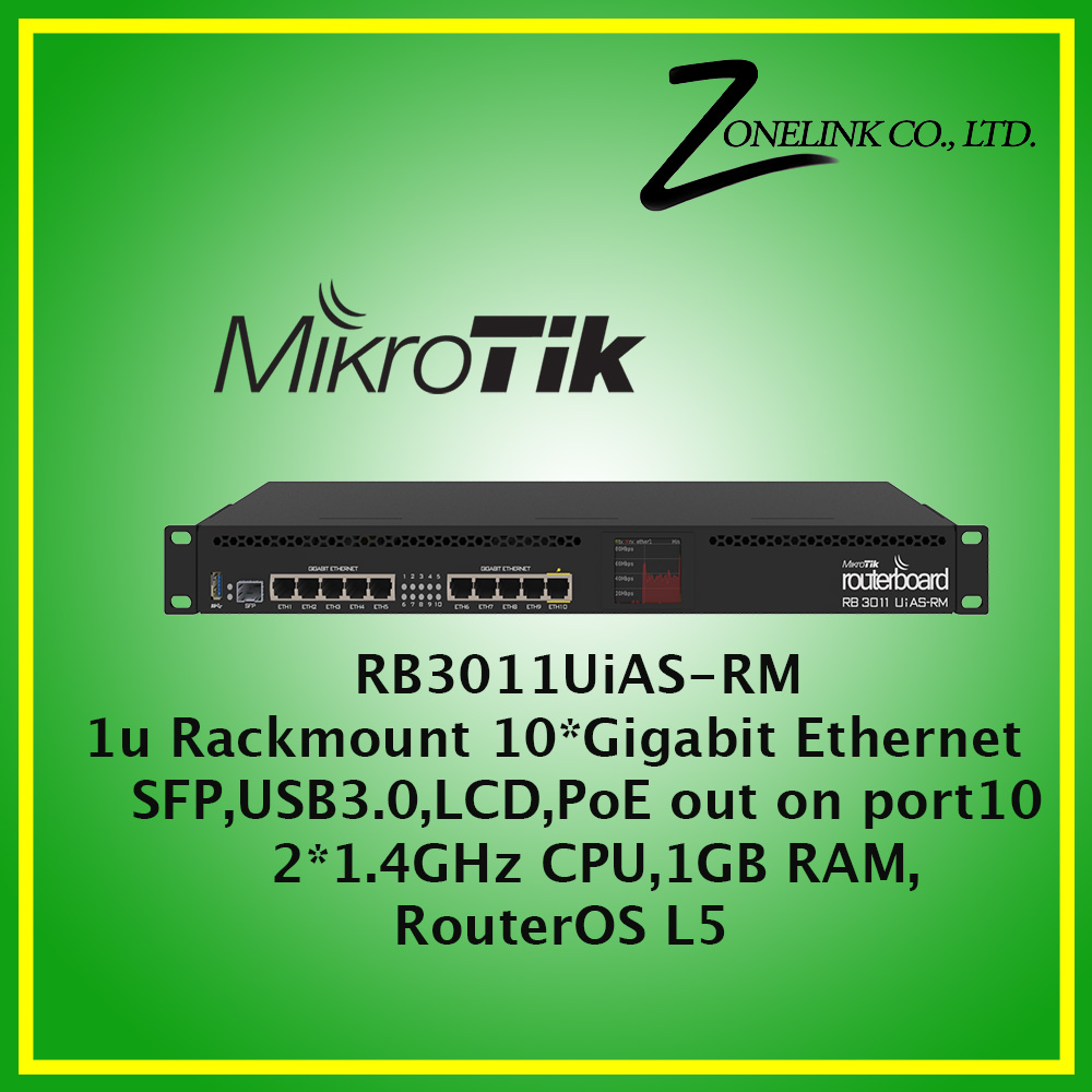 RB3011UiAS-RM MikroTik RB3011UiAS-RM Router 10-Port Gigabit Ethernet, USB 3.0, LCD Status, PoE out on port 10, CPU 2x1.4GHz, RAM 1GB, RouterOS L5