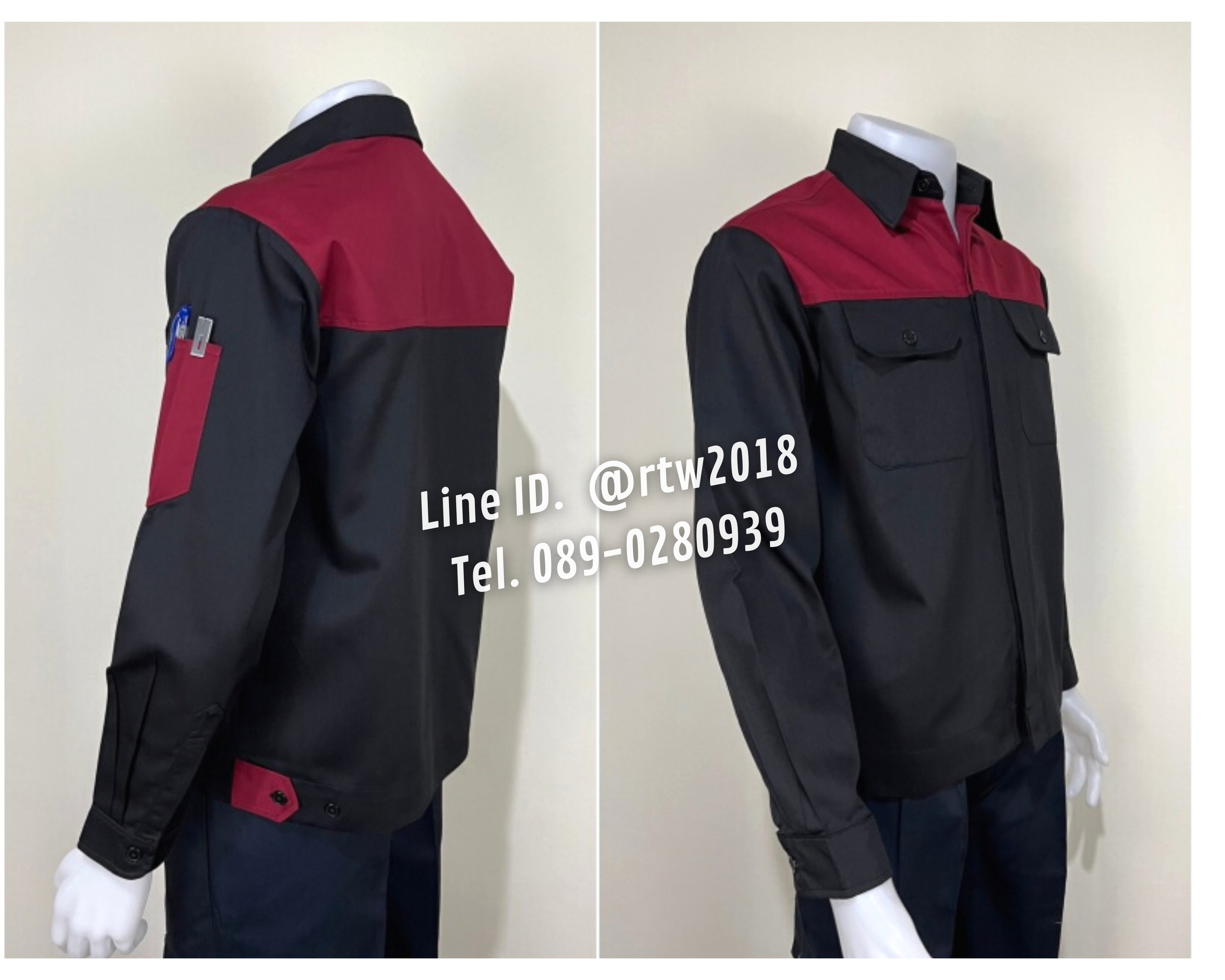 รหัส AB4.4 : เสื้อช่างแขนยาวผ้าคอมทวิวสีดำอกเลือดหมู (ซ่อนสาบ)